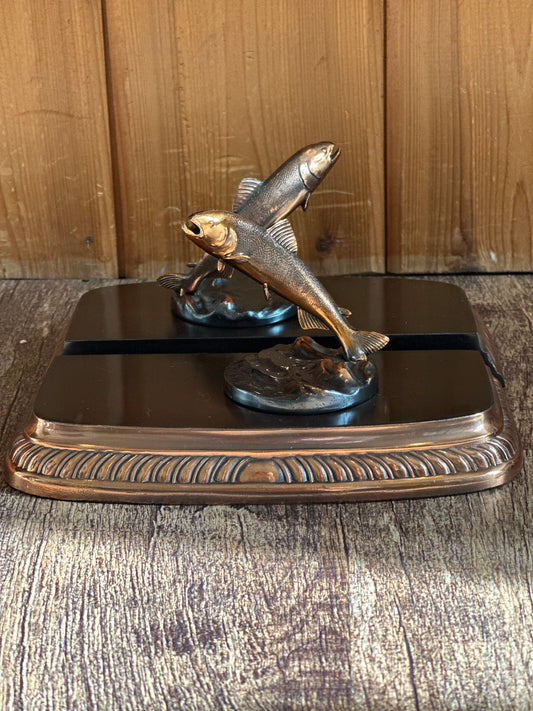 Vintage Brass Metal Bookends Featuring Leaping Trout