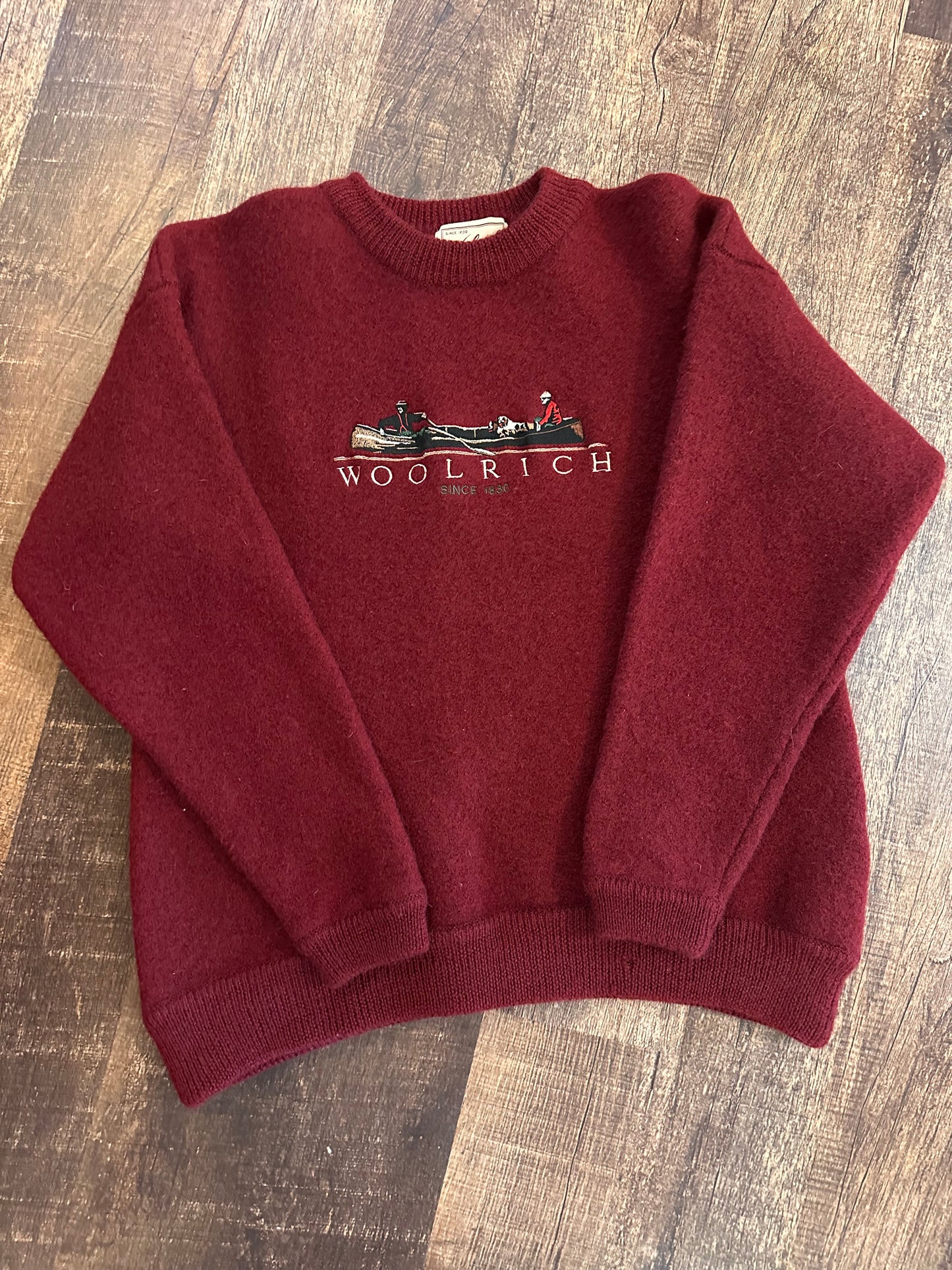Vintage Woolrich Sweater (XL) Embroidered Fishermen Boat Scene - Maroon (Pure Wool)
