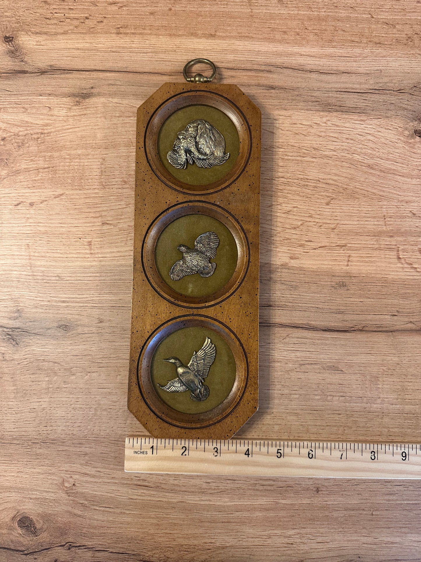 Vintage Wooden and Brass Wall Plaque Bird Hunting