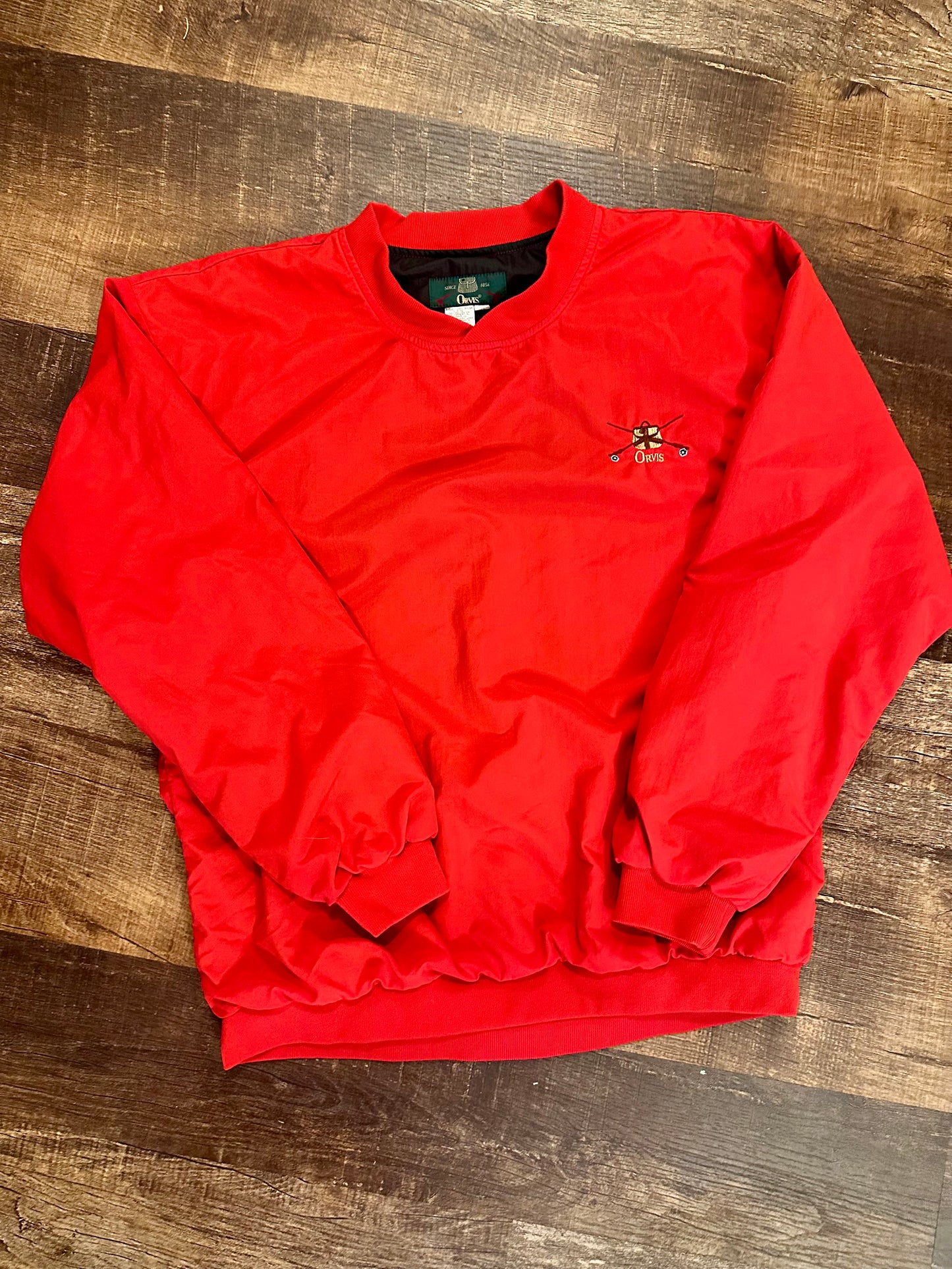 Vintage Orvis Crewneck Windbreaker (M) Embroidered Creel and Fly Rods - Red