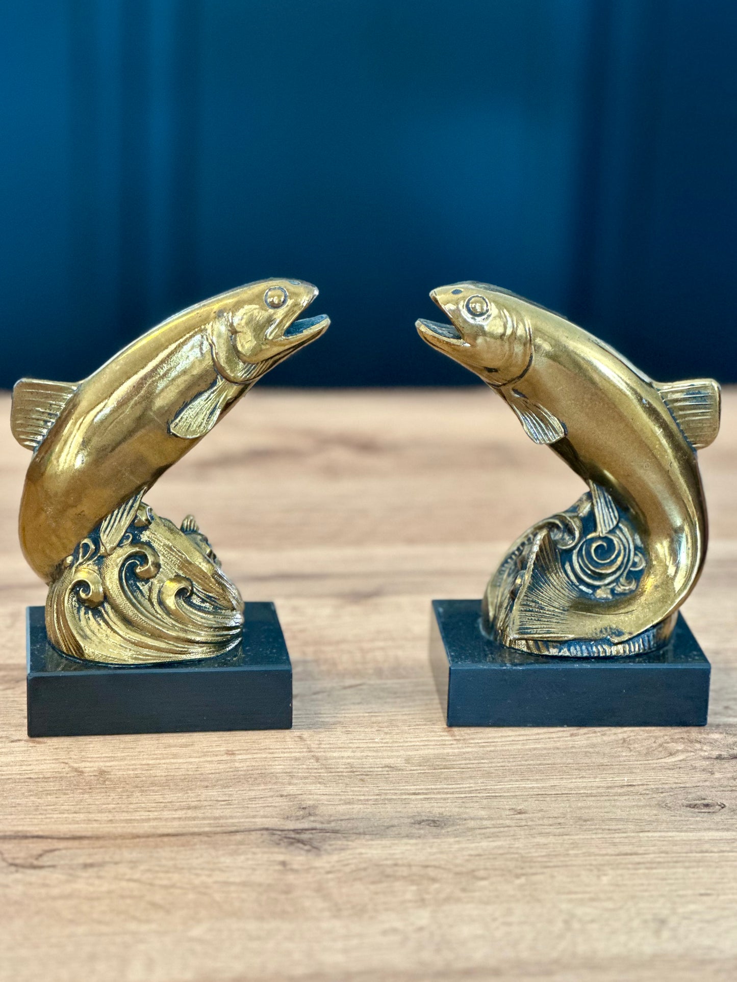 Vintage Metal Gold and Onyx Trout Bookends