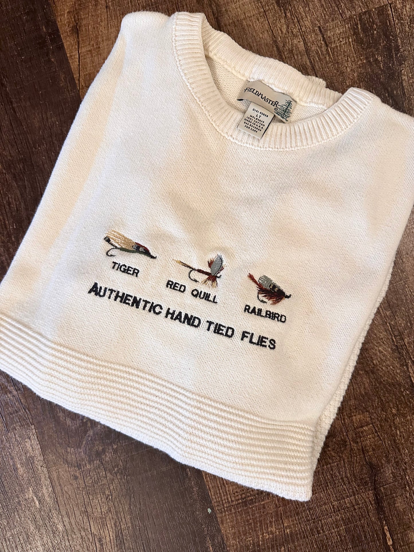Vintage Fieldmaster Sweater (LT) Embroidered Authentic Hand Tied Flies Cream White