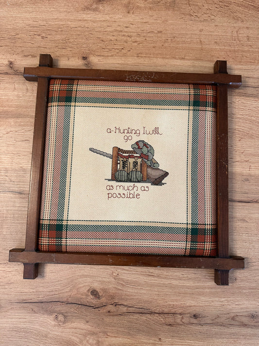 Vintage Cross Stitch Plaid Padded Cross Frame - “A Hunting I Will Go”