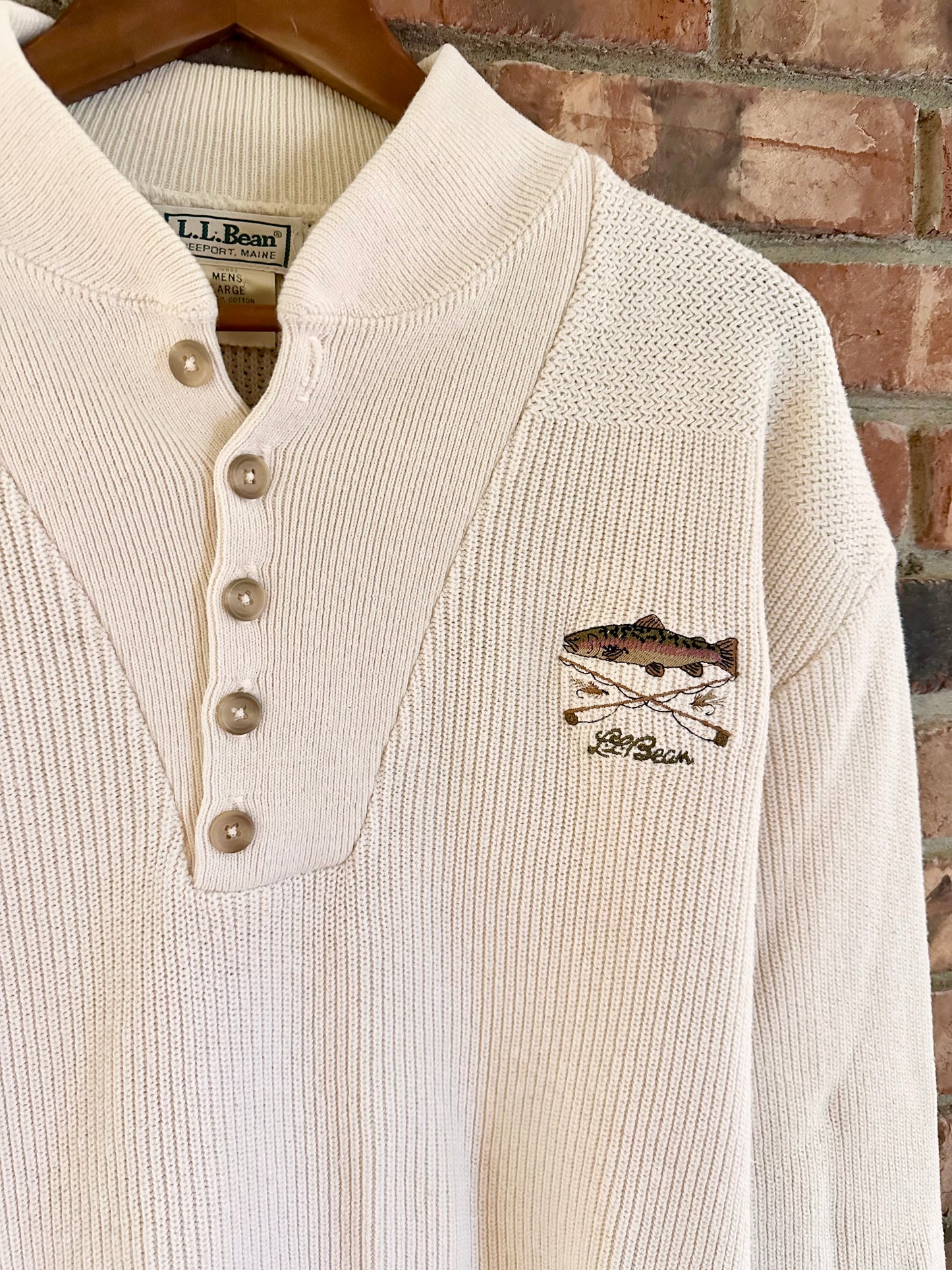 Vintage L.L. Bean Henley Sweater (L) Embroidered Trout & Fly Rods Cream White