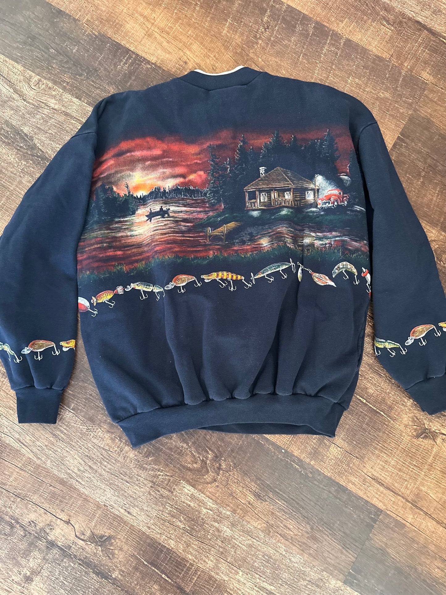 Vintage AU Art Unlimited Henley Crewneck (XL) Fishing Lures Cabin Boat Scene - Black