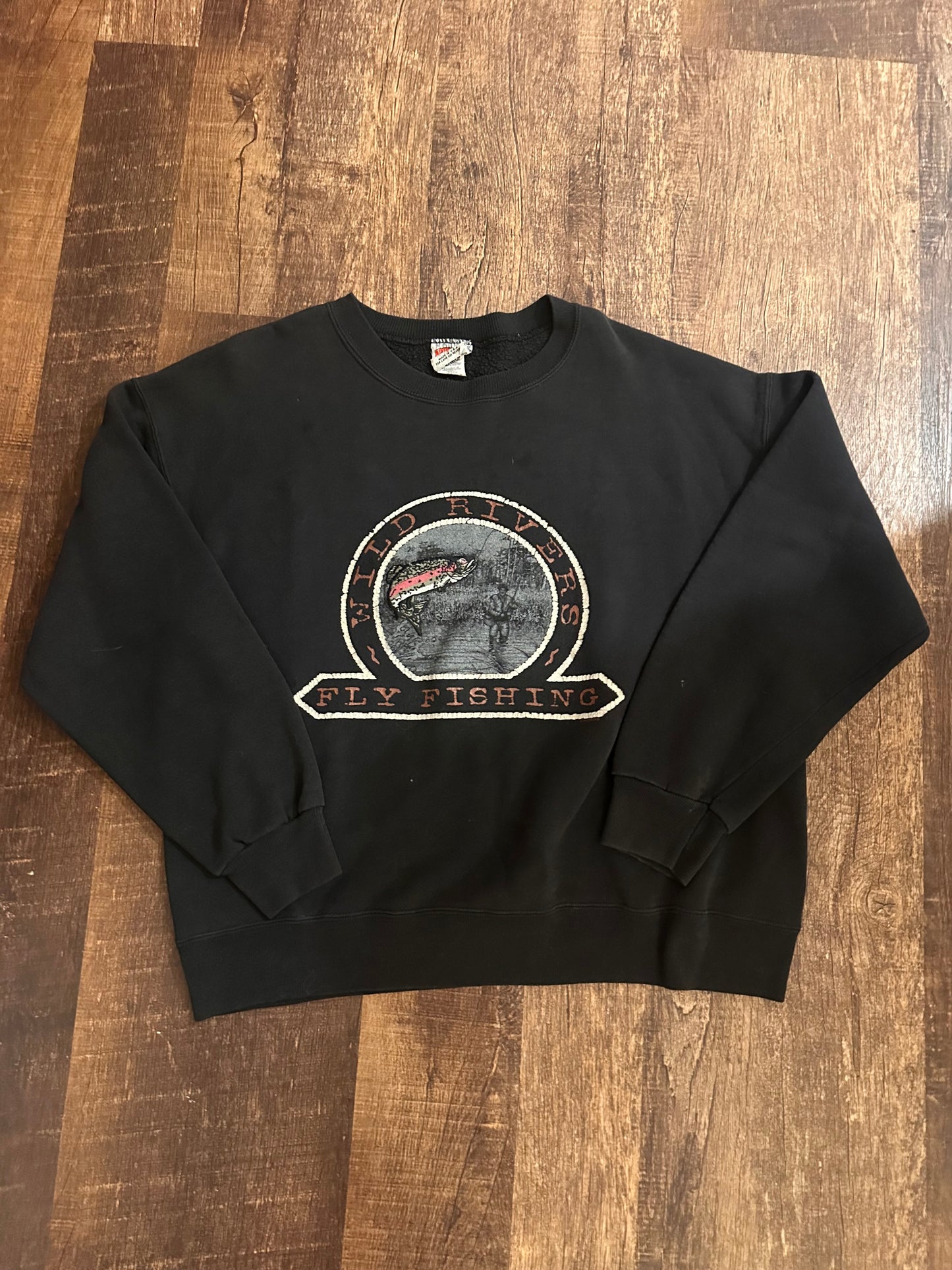 Vintage Nutmeg Crewneck (L) Nature Wild Rivers Embroidered Trout - Black