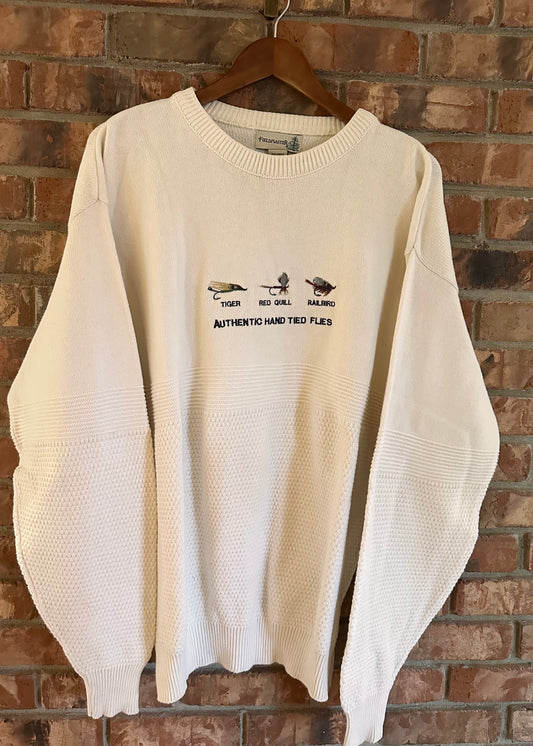 Vintage Fieldmaster Sweater (LT) Embroidered Authentic Hand Tied Flies Cream White