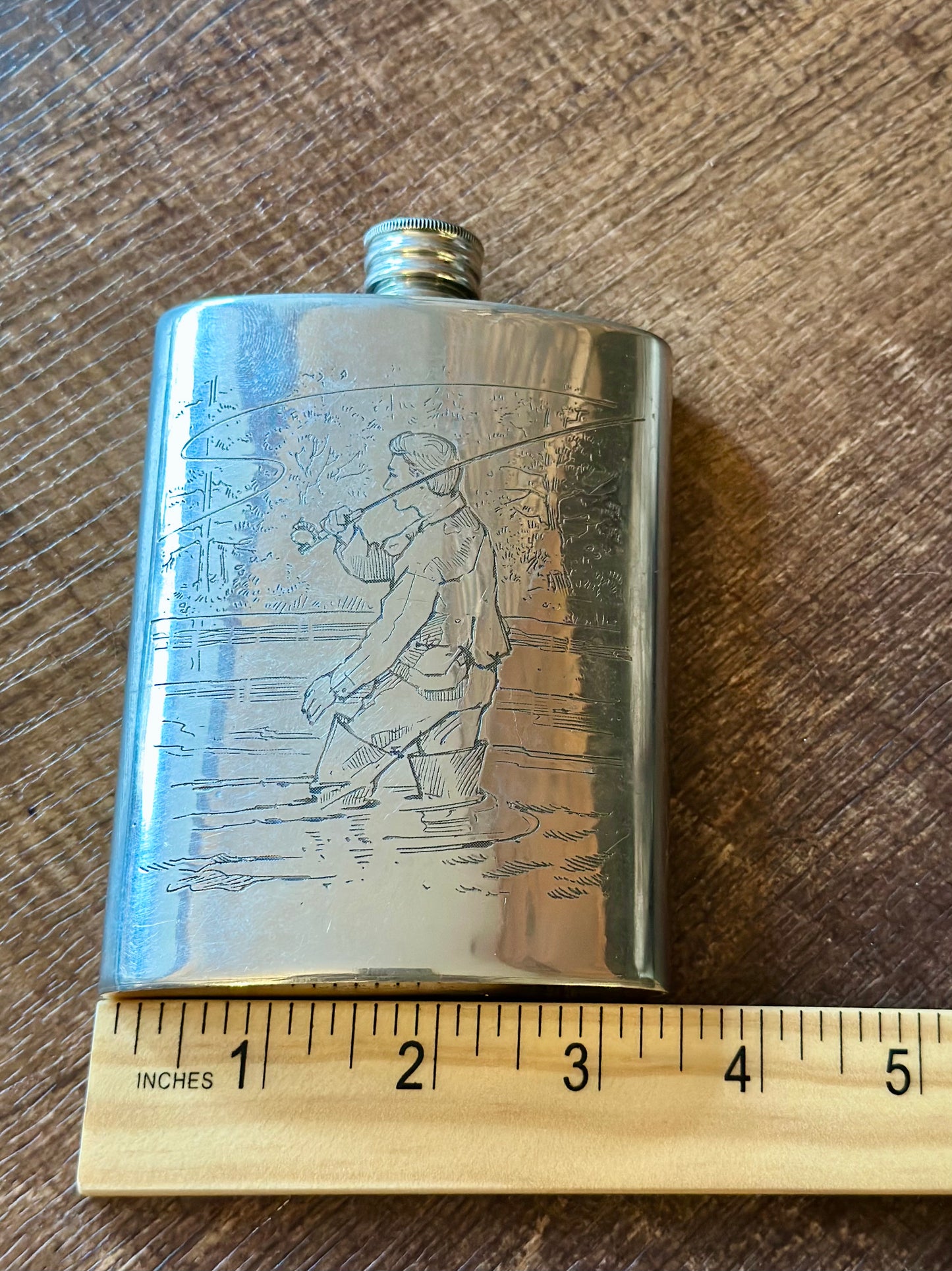 Vintage Comoy’s Pewter English Flask - Engraved Fly Fishing Scenes