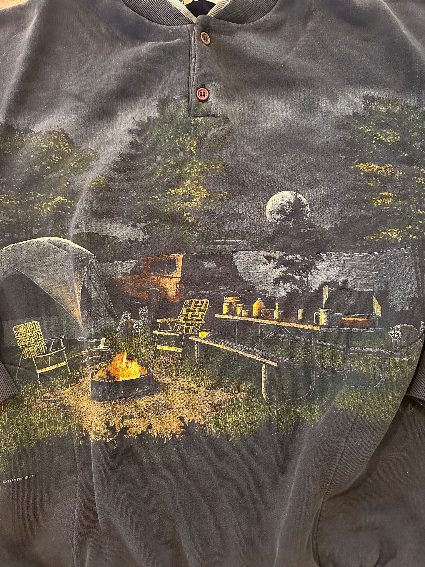 Vintage Art Unlimited Henley Crewneck (XL?) Camping Scene Lake