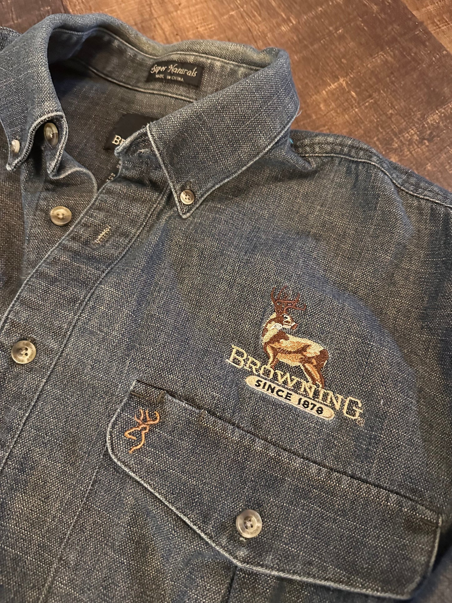 Vintage Browning Denim Button Down (XL) Embroidered Whitetail Buck - Dark Wash