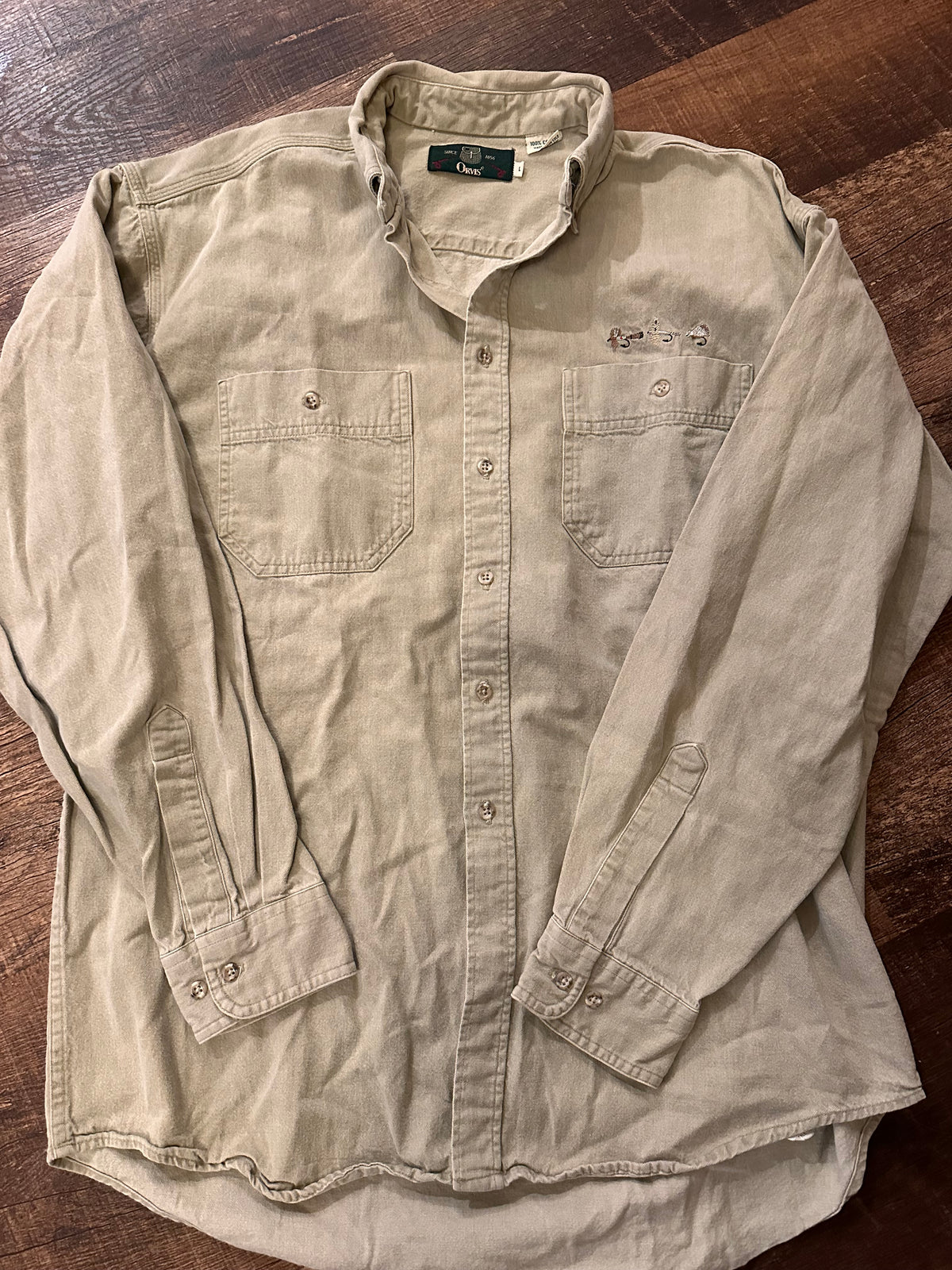 Vintage Orvis Button Down (L) Embroidered Flies - Khaki