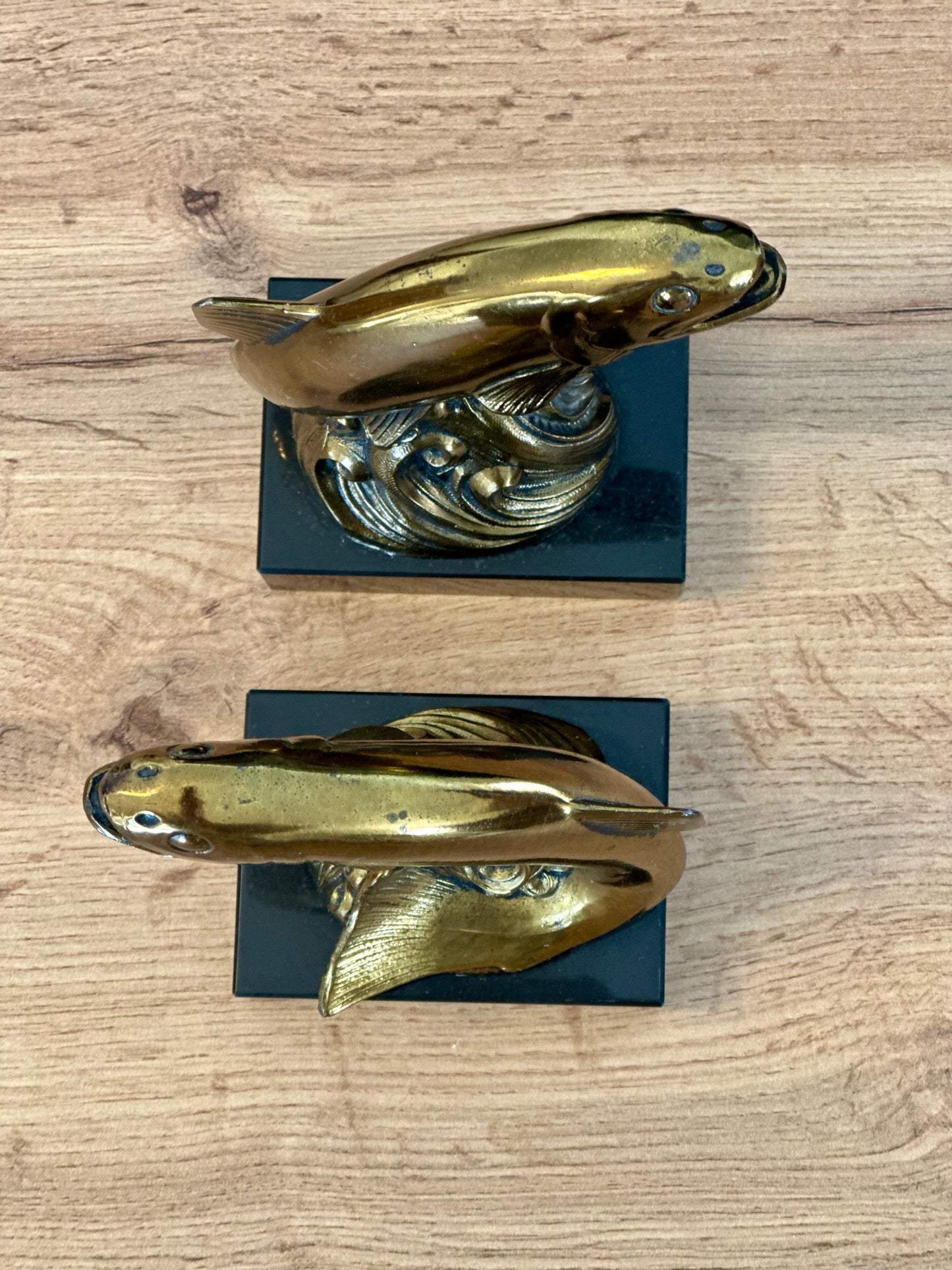 Vintage Metal Gold and Onyx Trout Bookends