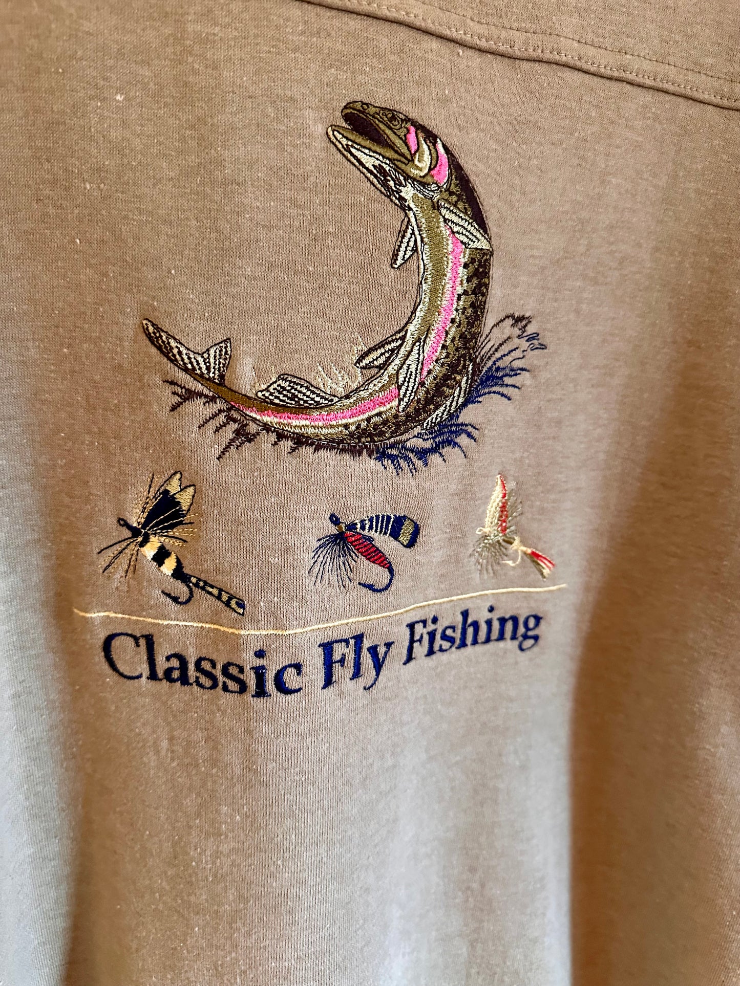 Vintage Crable Sportswear Sweatshirt (L) Embroidered Classic Fly Fishing Trout and Fly Beige
