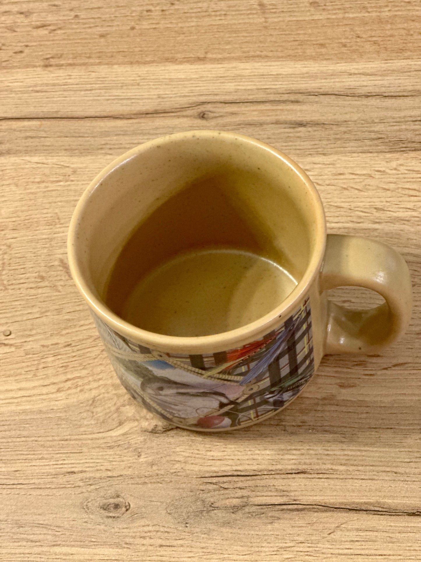 Vintage 1960s Tan Russ Berrie Mug with Trout and Fishing Gear