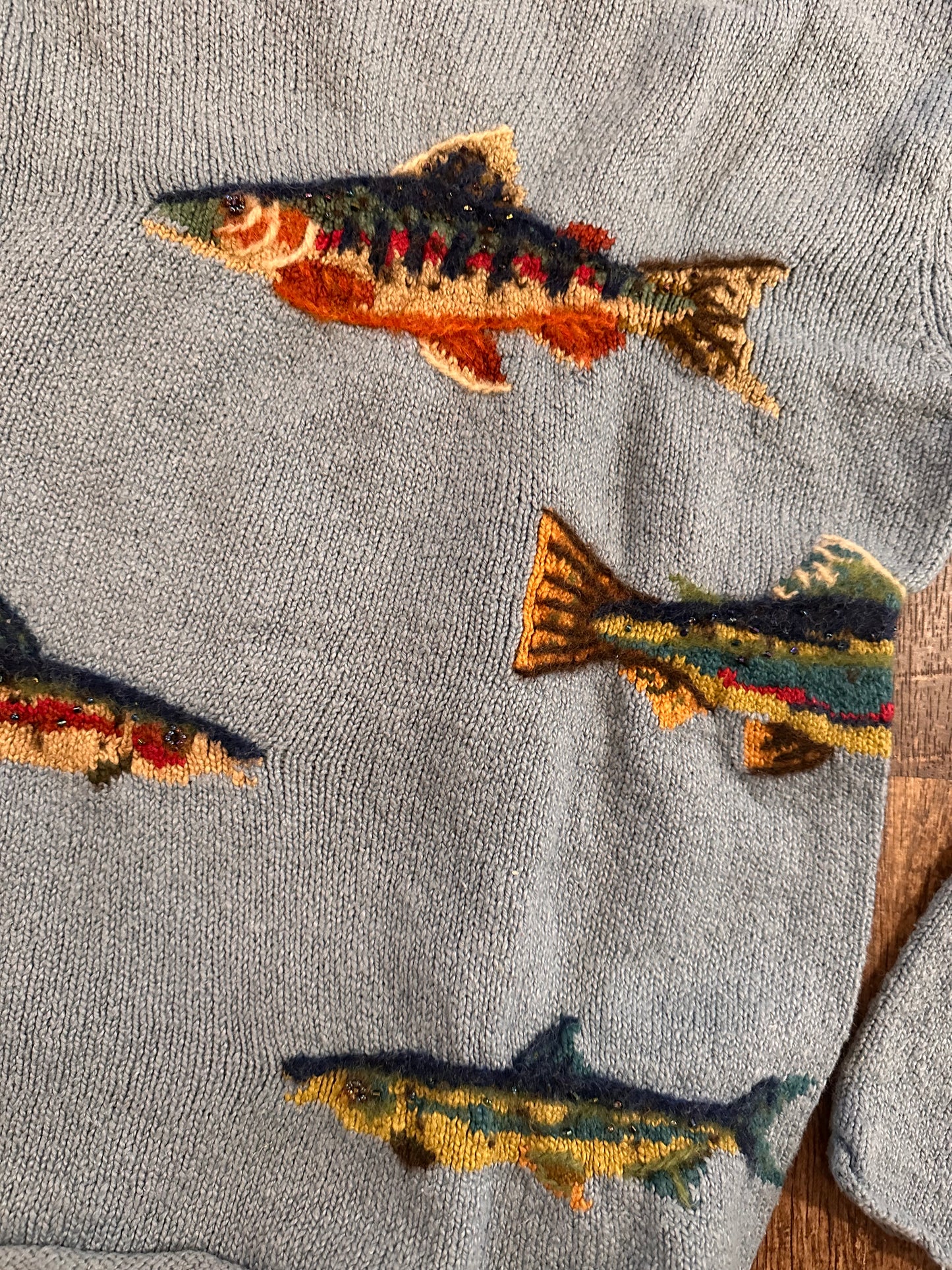 Rare Vintage Northern Isles Knit Beaded Trout Sweater (M) Blue