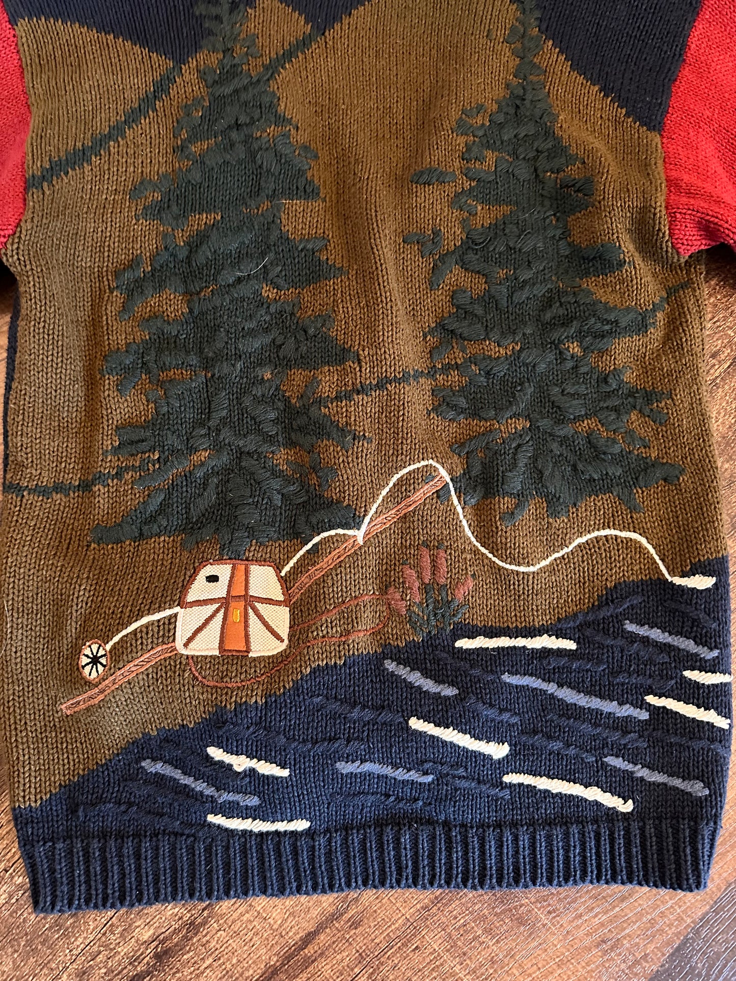 Vintage Sharon Young Knit Cardigan (M) Lady Angler Fishing Scene with Elbow Patches