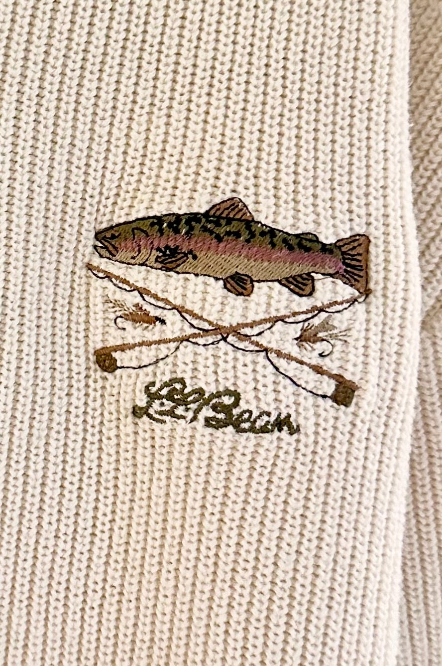 Vintage L.L. Bean Henley Sweater (L) Embroidered Trout & Fly Rods Cream White