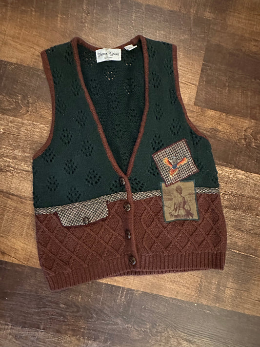 Vintage Sharon Young Sweater Vest (S) Embroidered Patches of Pheasant Hunting