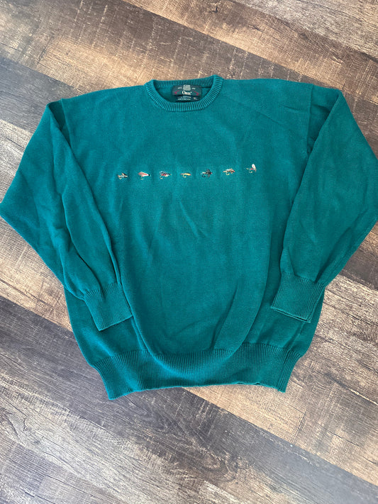 Rare Vintage Orvis Crewneck Sweater (XL) 7 Embroidered Flies - Green