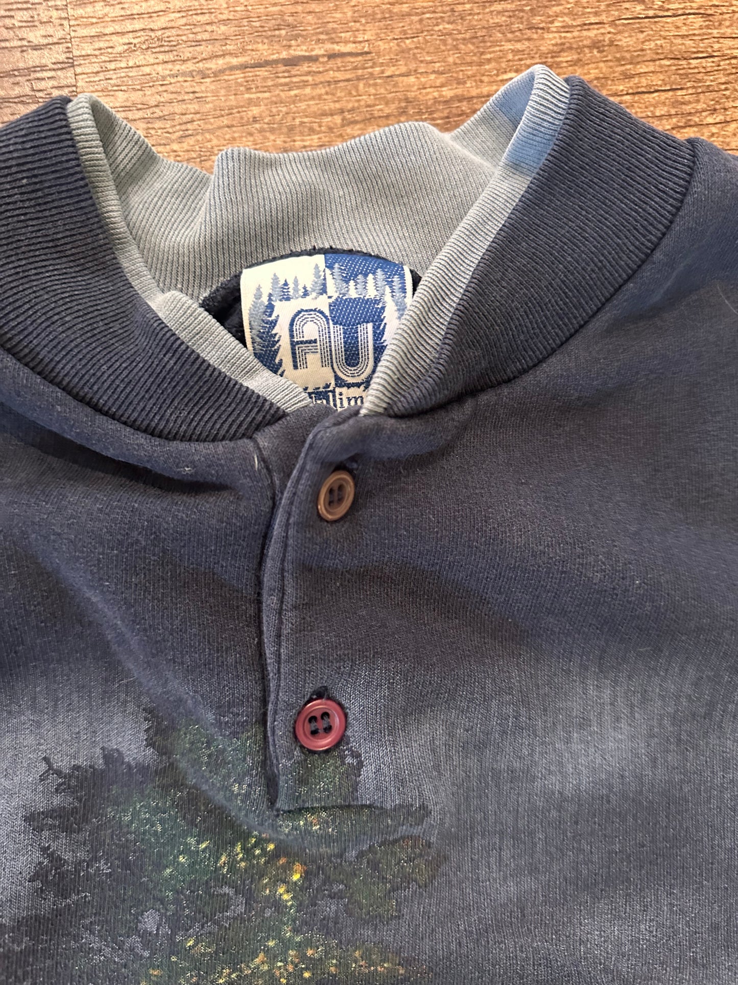 Vintage Art Unlimited Henley Crewneck (XL?) Camping Scene Lake