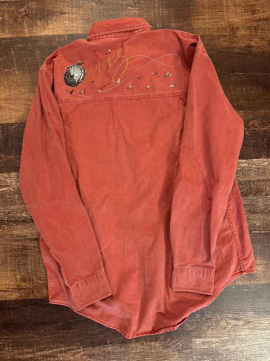 Vintage Orvis Button Down (L) Reel and Flies Design - Burnt Red