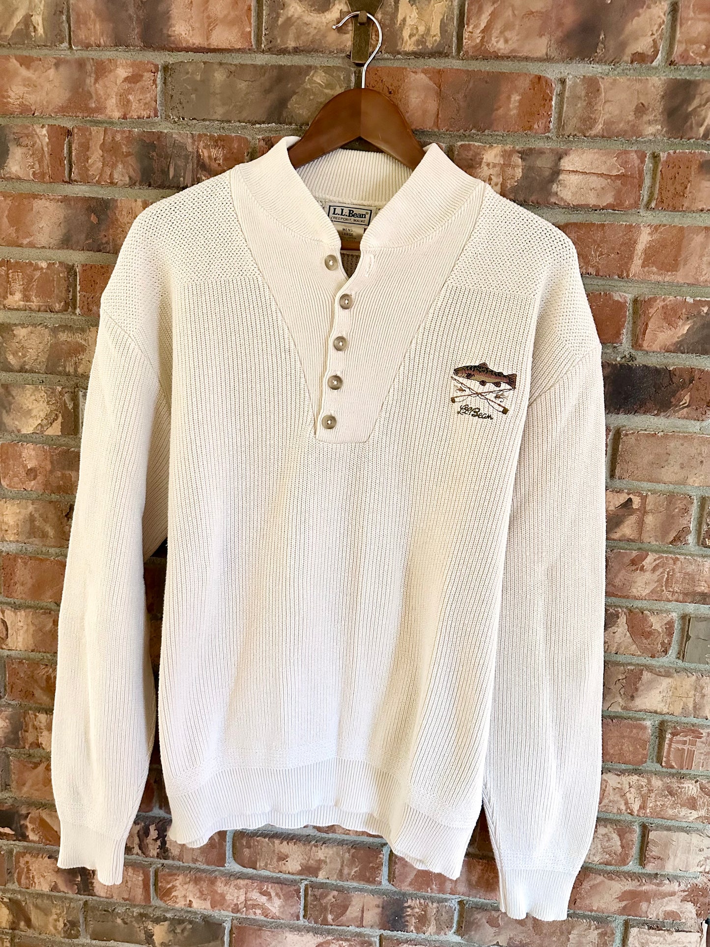 Vintage L.L. Bean Henley Sweater (L) Embroidered Trout & Fly Rods Cream White