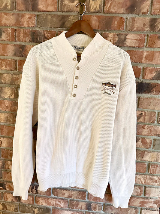 Vintage L.L. Bean Henley Sweater (L) Embroidered Trout & Fly Rods Cream White