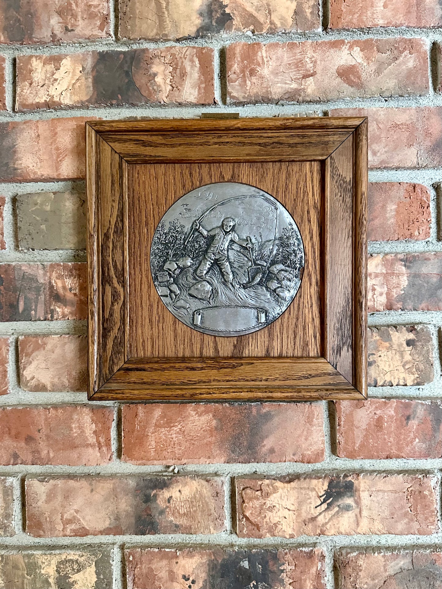 Vintage Pewter Relief Art Plate Mounted on Wood Frame - Fly Fishing Scene