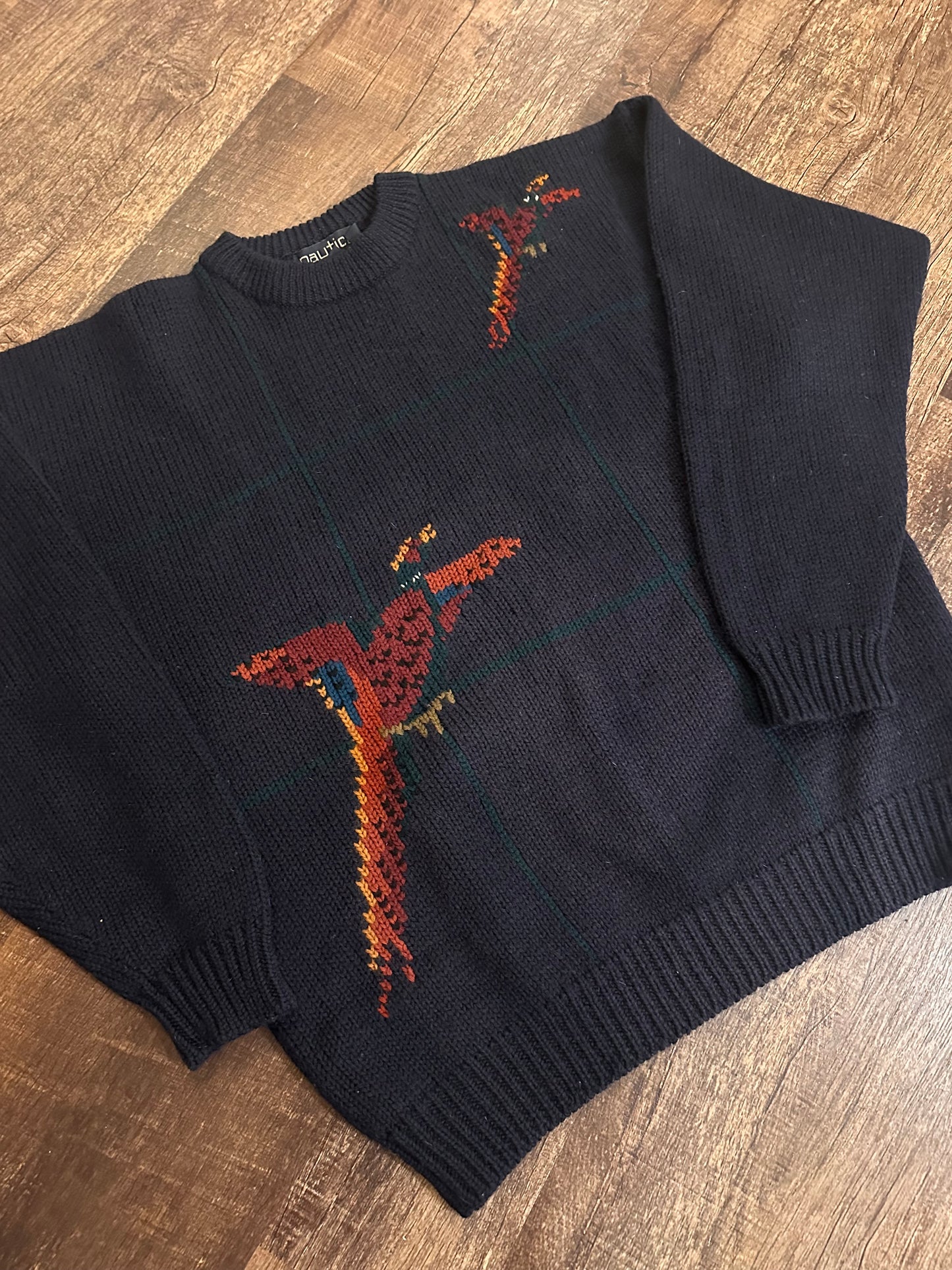 Vintage Nautica Knit Wool Sweater (XL) Pheasant Intarsia
