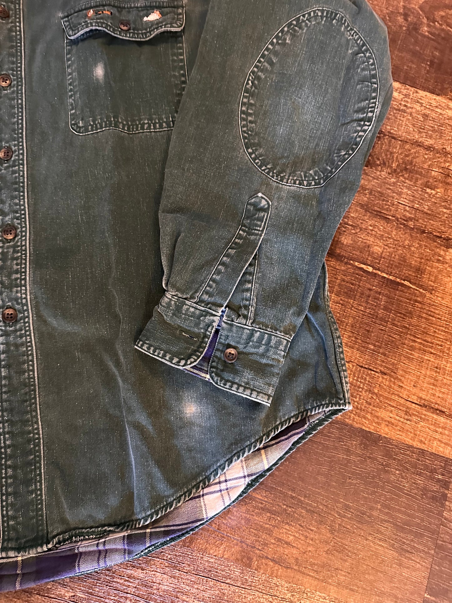 Vintage Distressed Orvis Lined Button Down (L) Embroidered Fly Pocket and Elbow Patches - Forest Green