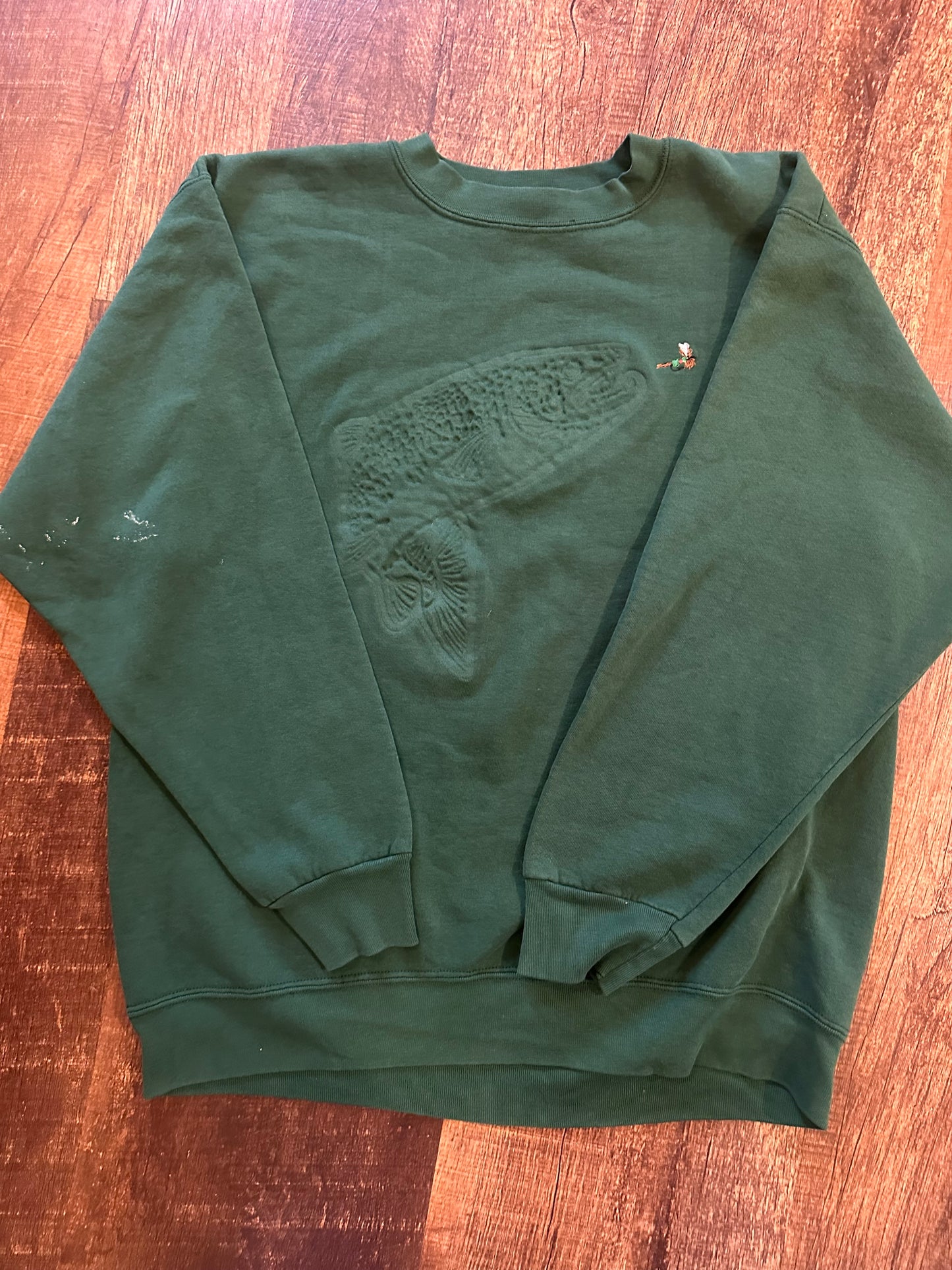 Vintage Oneita Crewneck (XL) Pressed Trout Embroidered Fly - Green