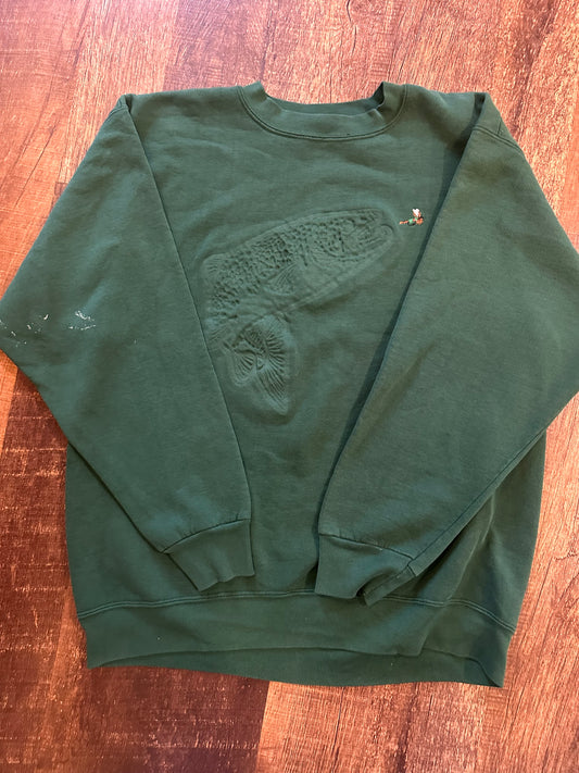 Vintage Oneita Crewneck (XL) Pressed Trout Embroidered Fly - Green