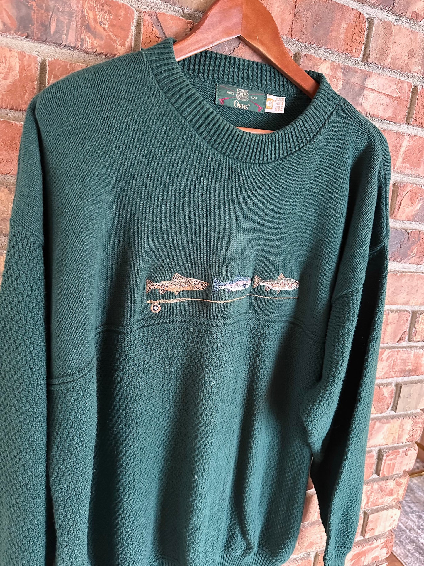 Vintage Orvis Sweater (XXL) Embroidered Trout and Fly Rod - Forest Green