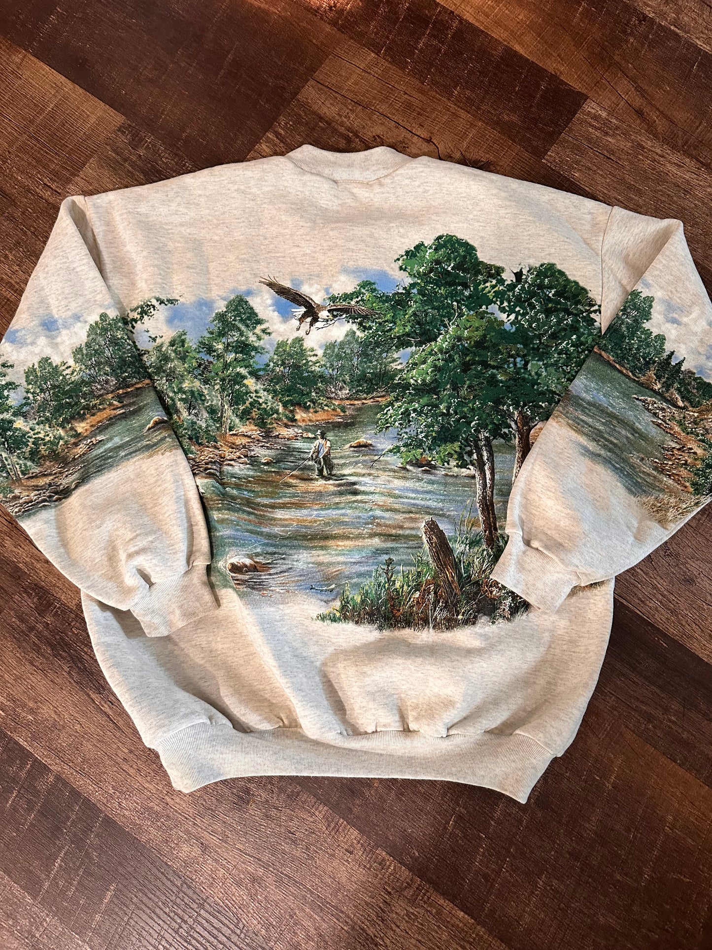 Vintage Art Unlimited Henley Crewneck (XL) Fly Fishing Scene