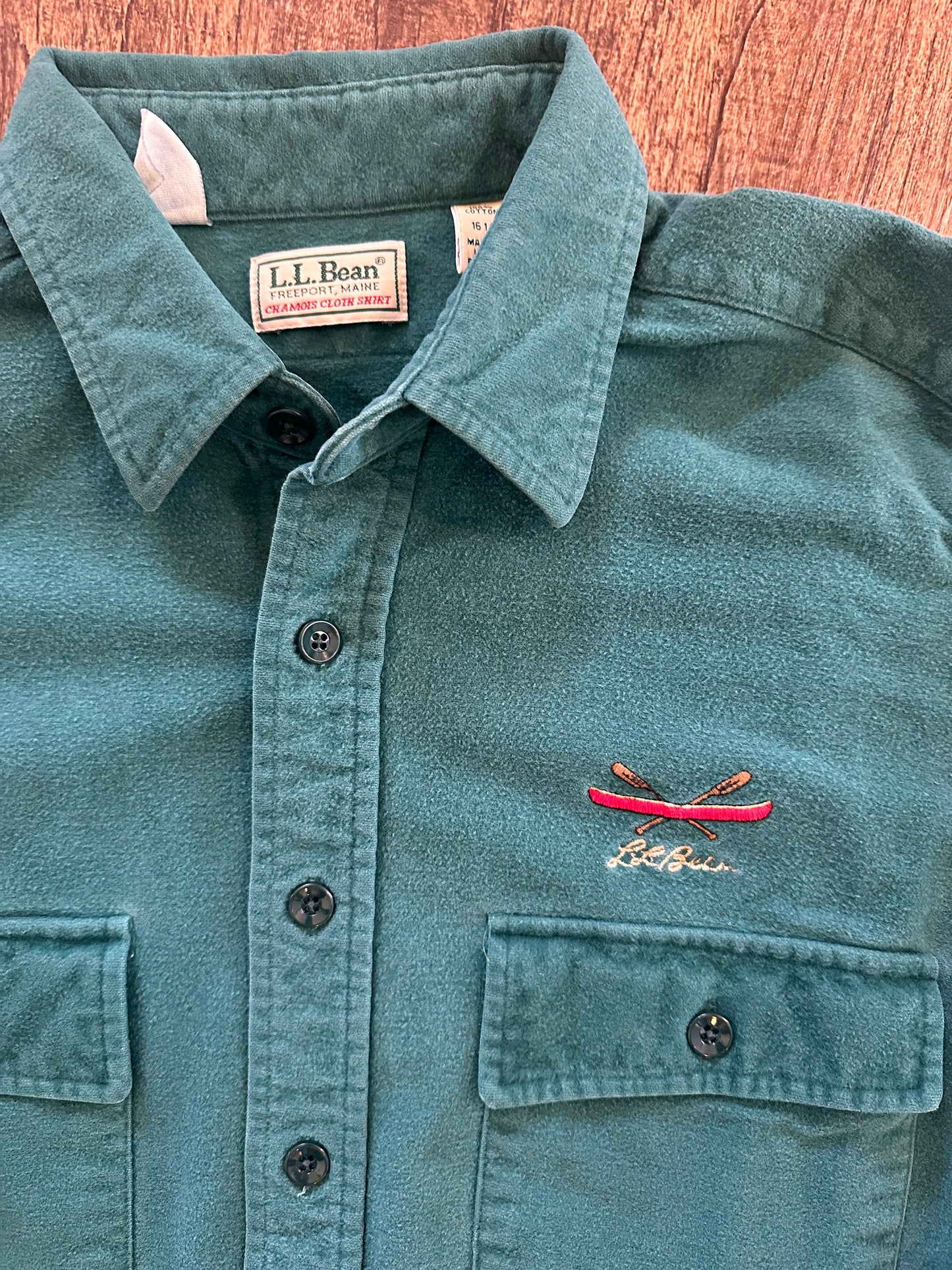 Vintage L.L. Bean Chamois Shirt (16.5) Embroidered Canoe Logo - Teal