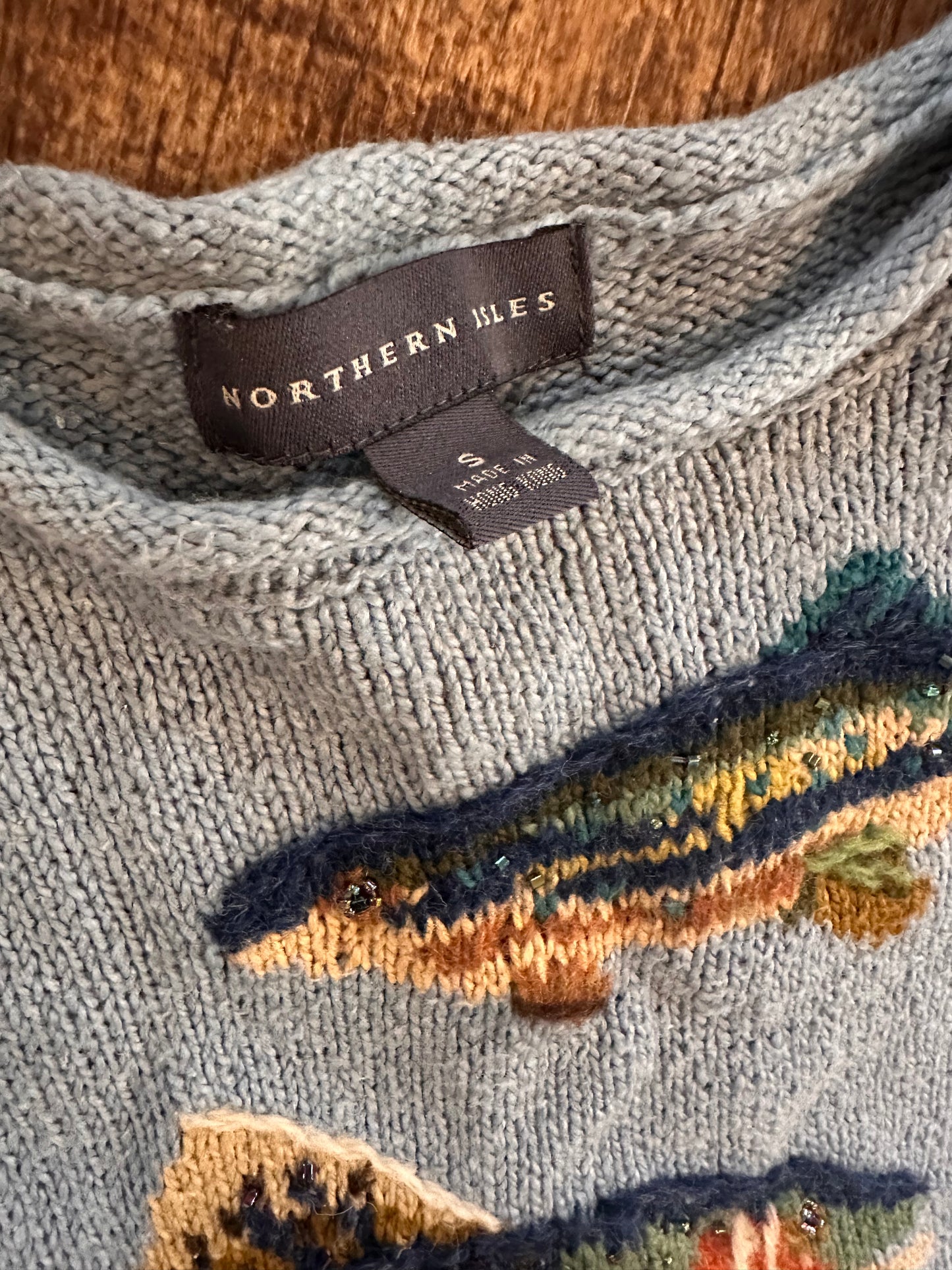 Vintage Rare Northern Isles Sweater (S) Hand Knit with Beading - Light Blue