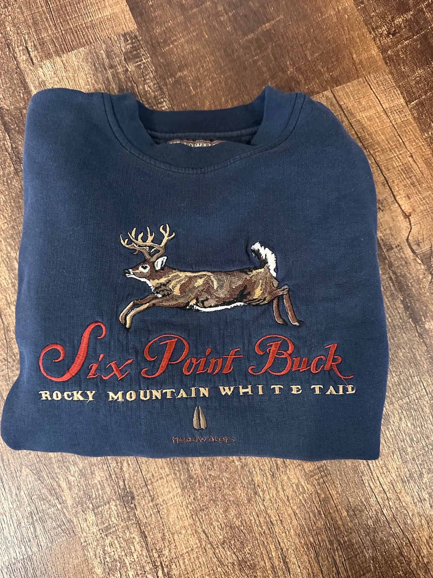 Vintage Headwaters Crewneck (L) Embroidered Six Point Buck - Navy