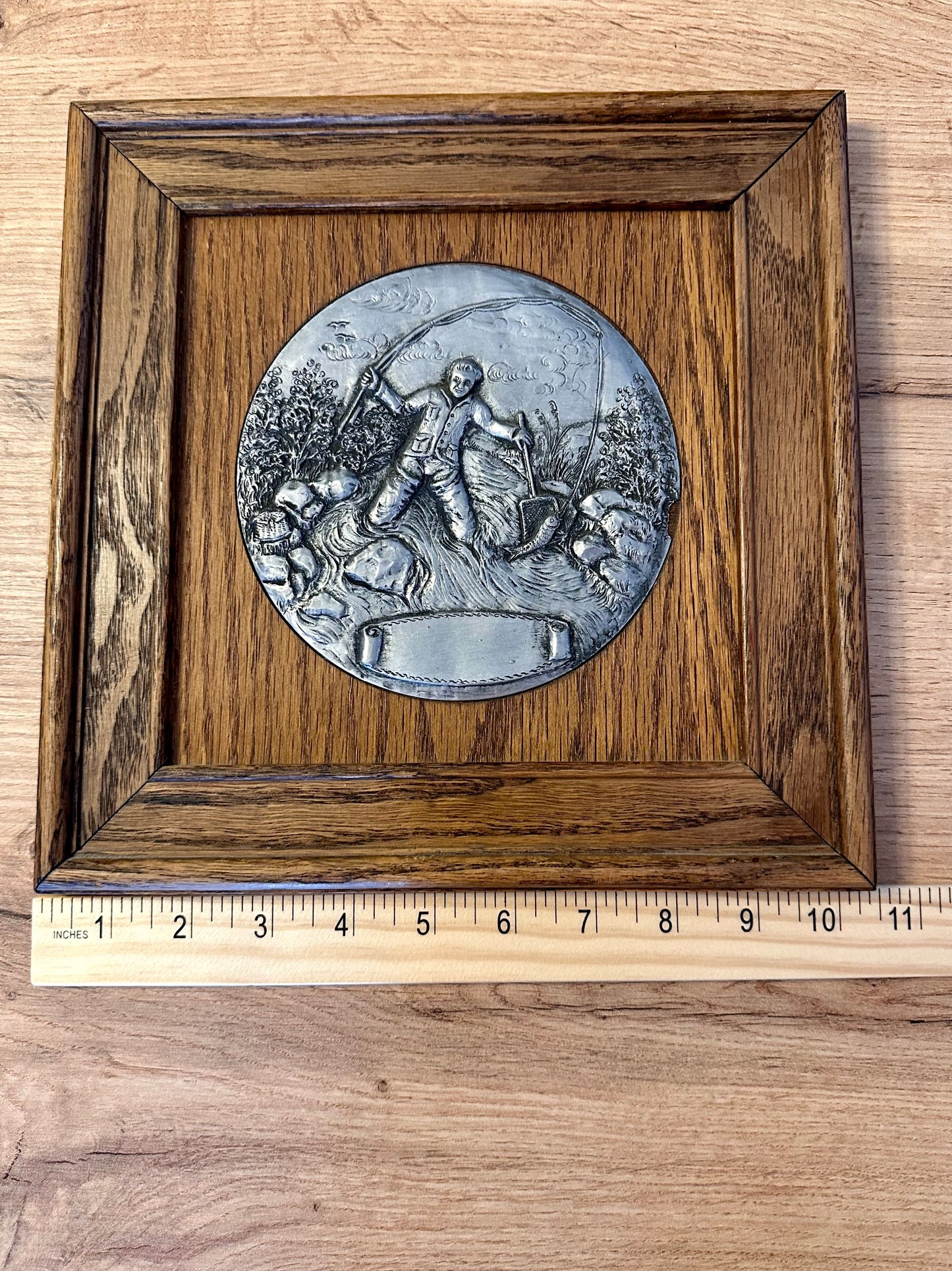Vintage Pewter Relief Art Plate Mounted on Wood Frame - Fly Fishing Scene