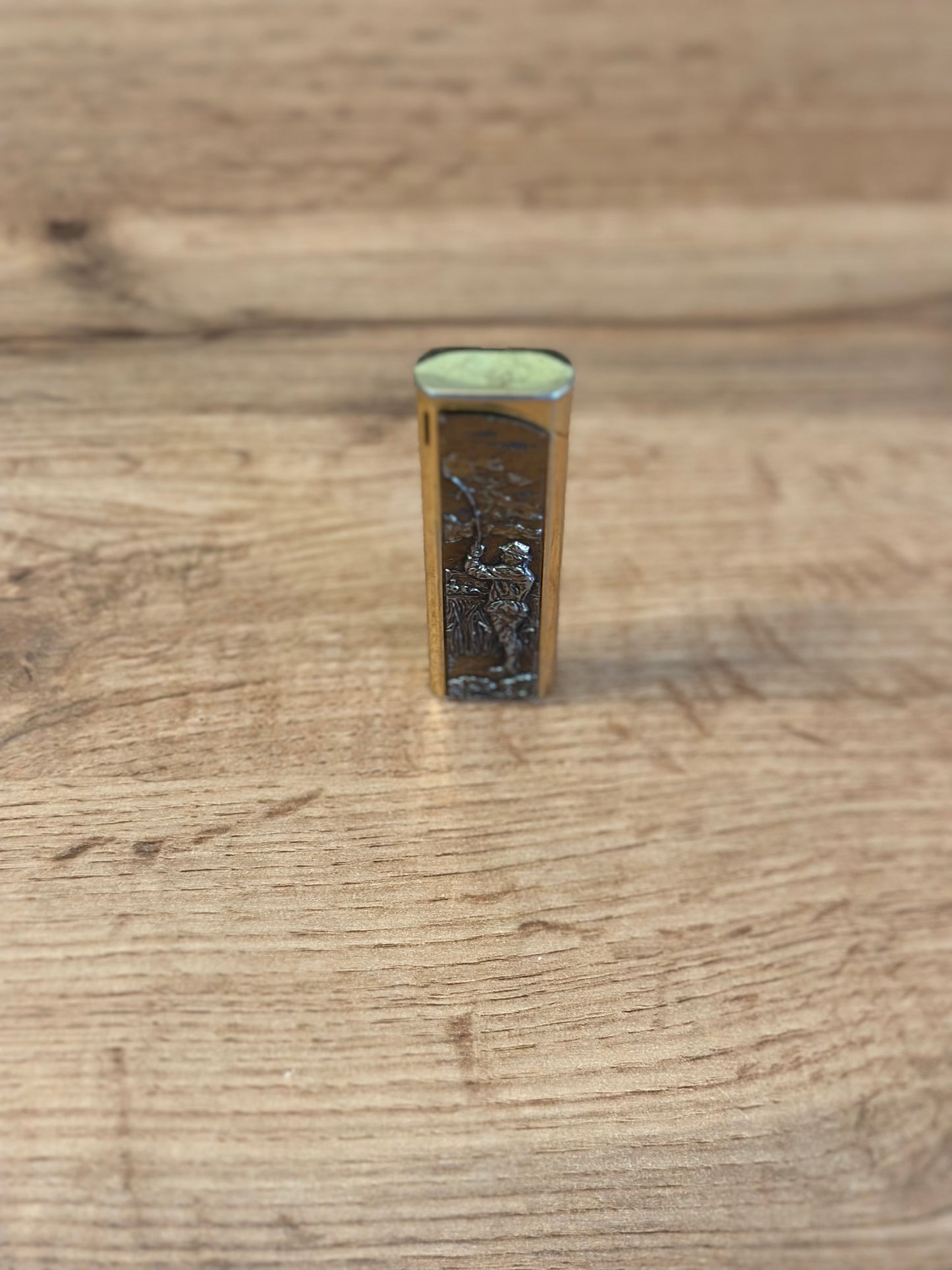 Vintage Flamex Toronado Lighter Featuring Raised Fly Fisherman 3" Gold Tone