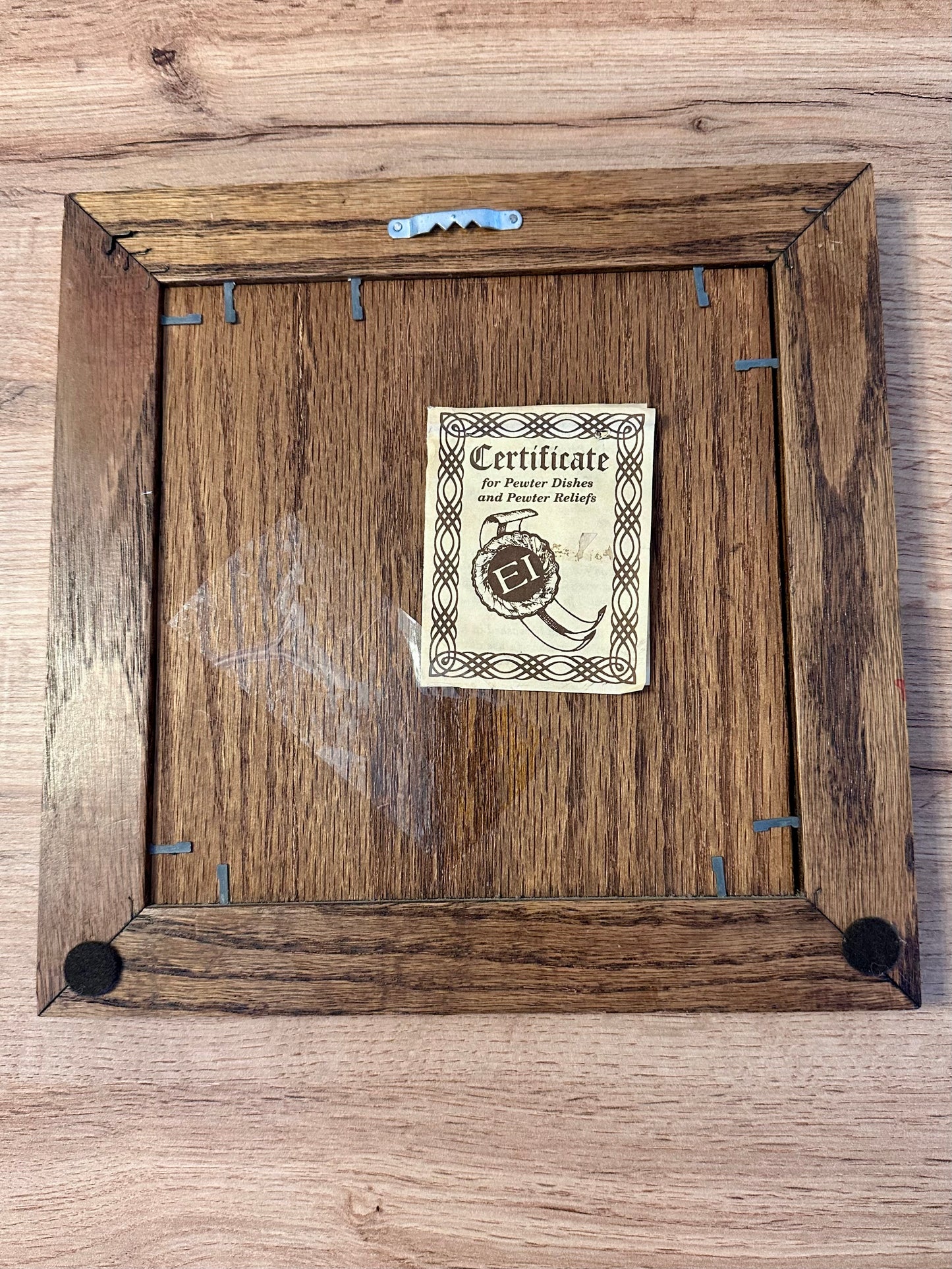 Vintage Pewter Relief Art Plate Mounted on Wood Frame - Fly Fishing Scene