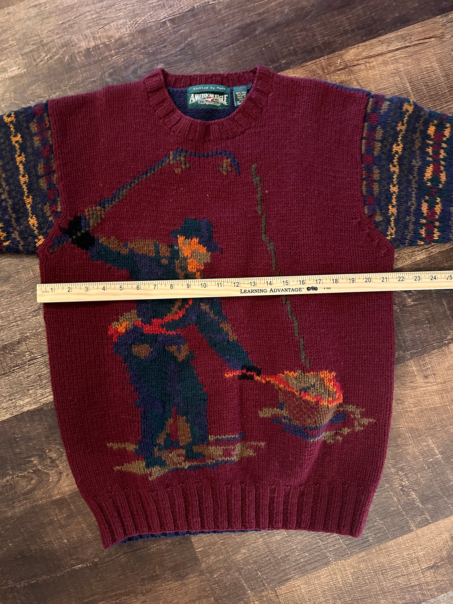 Vintage American Eagle Outfitters Wool Knit Sweater (M) Fly Fisherman - Maroon