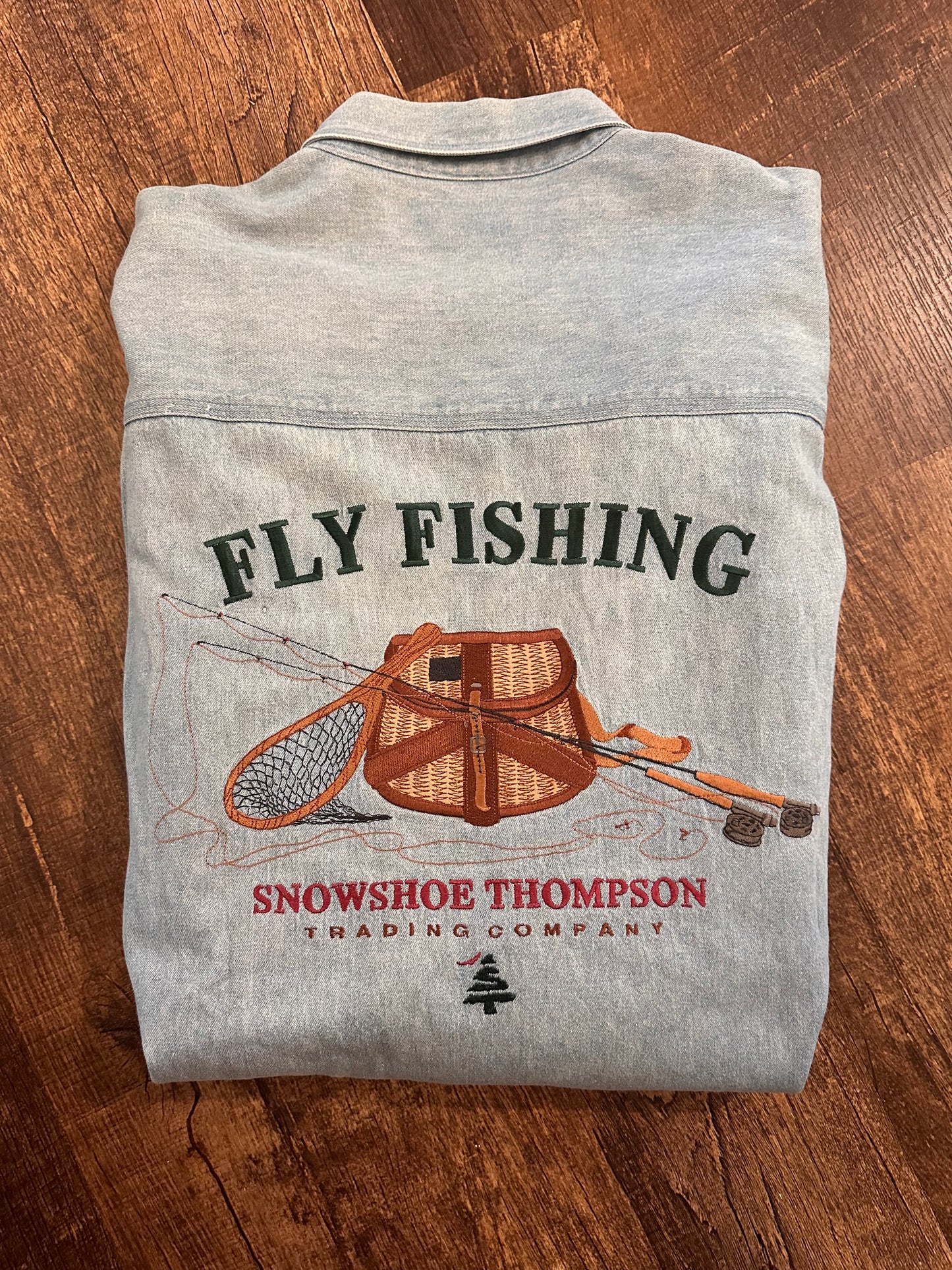 Vintage Snowshoe Thompson Button Down (L) Embroidered Fly Fishing on Back