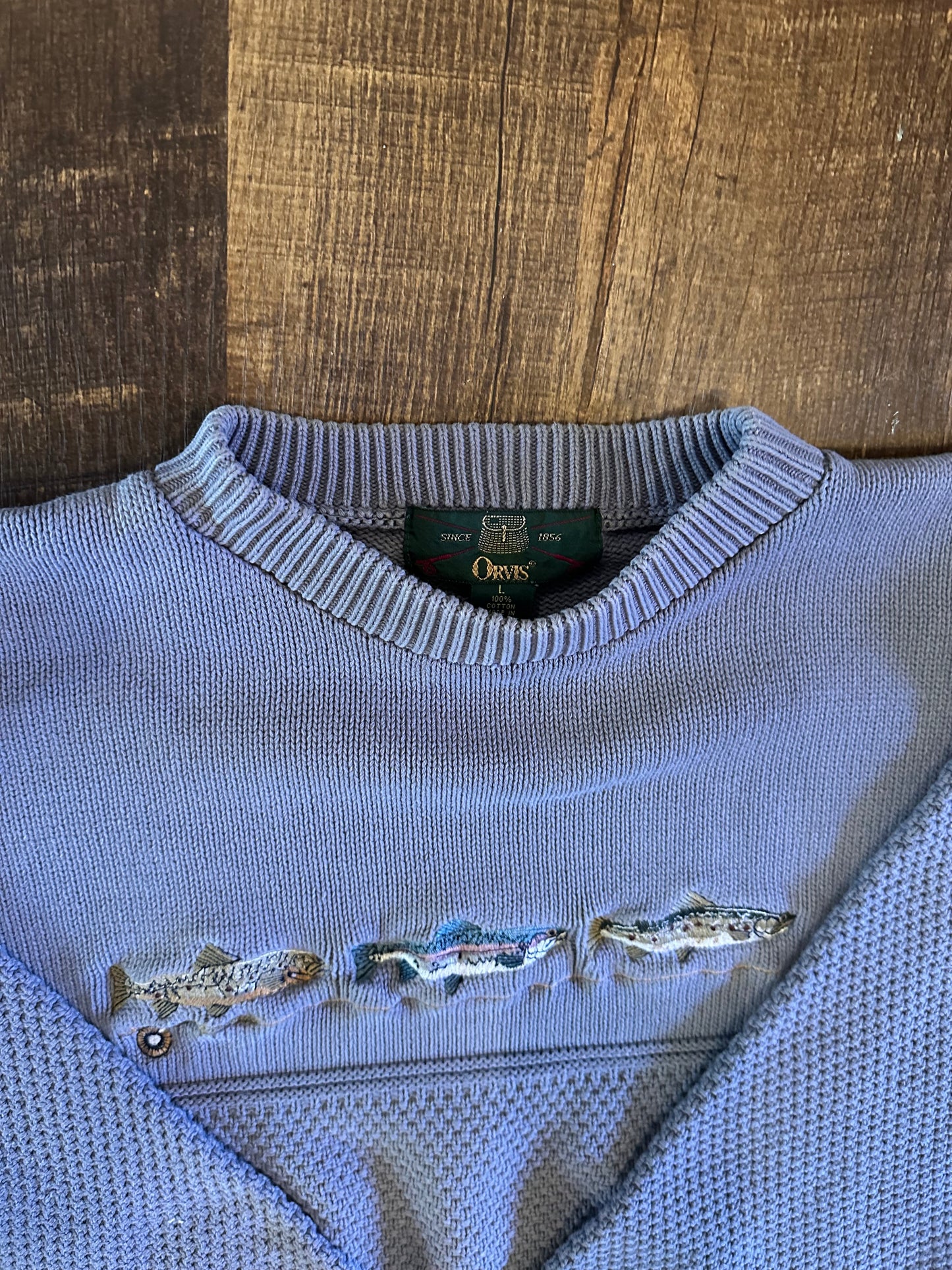 Vintage Orvis Sweater (L) Embroidered Trout and Fly Rod Light Blue
