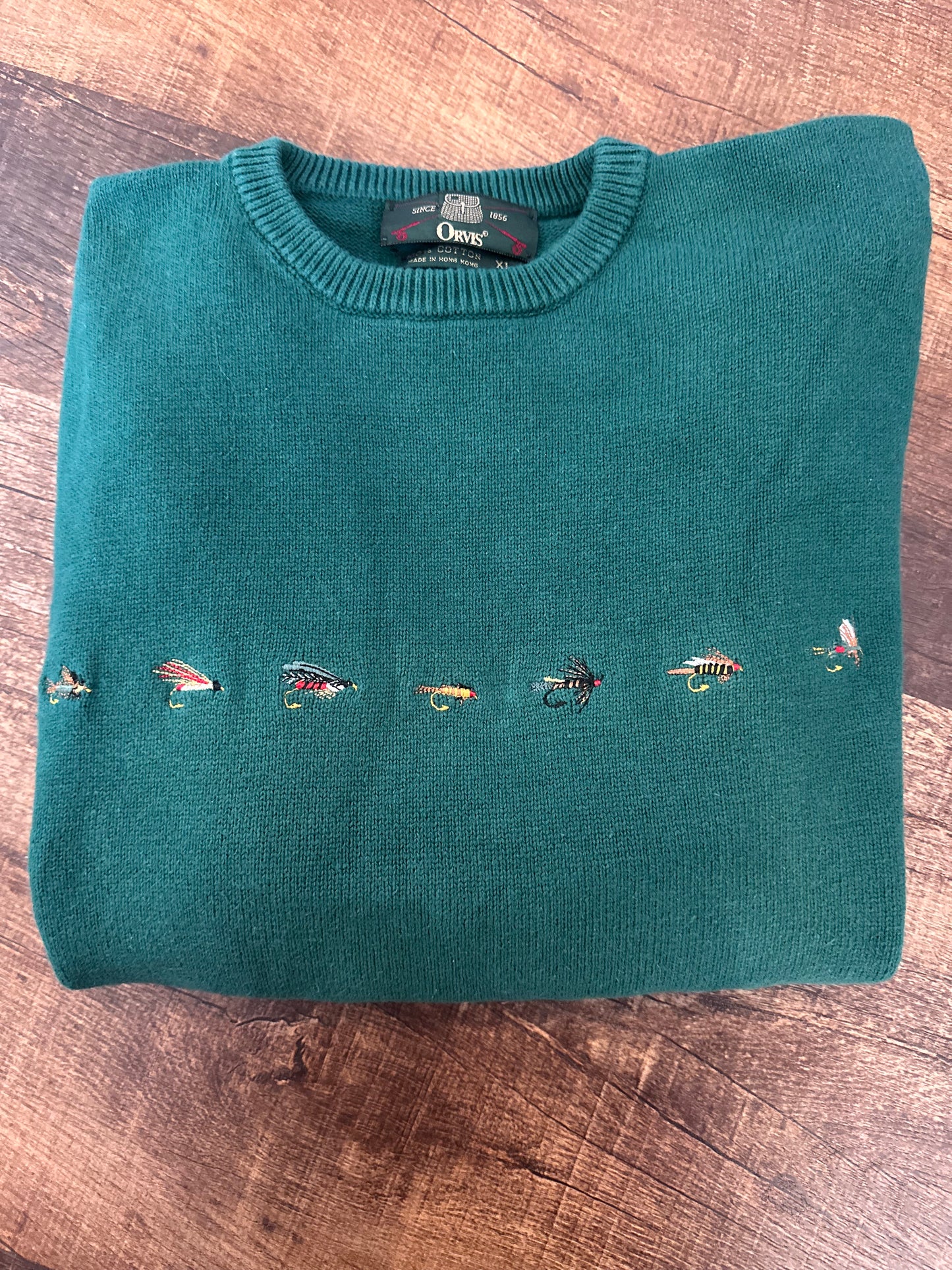 Rare Vintage Orvis Crewneck Sweater (XL) 7 Embroidered Flies - Green
