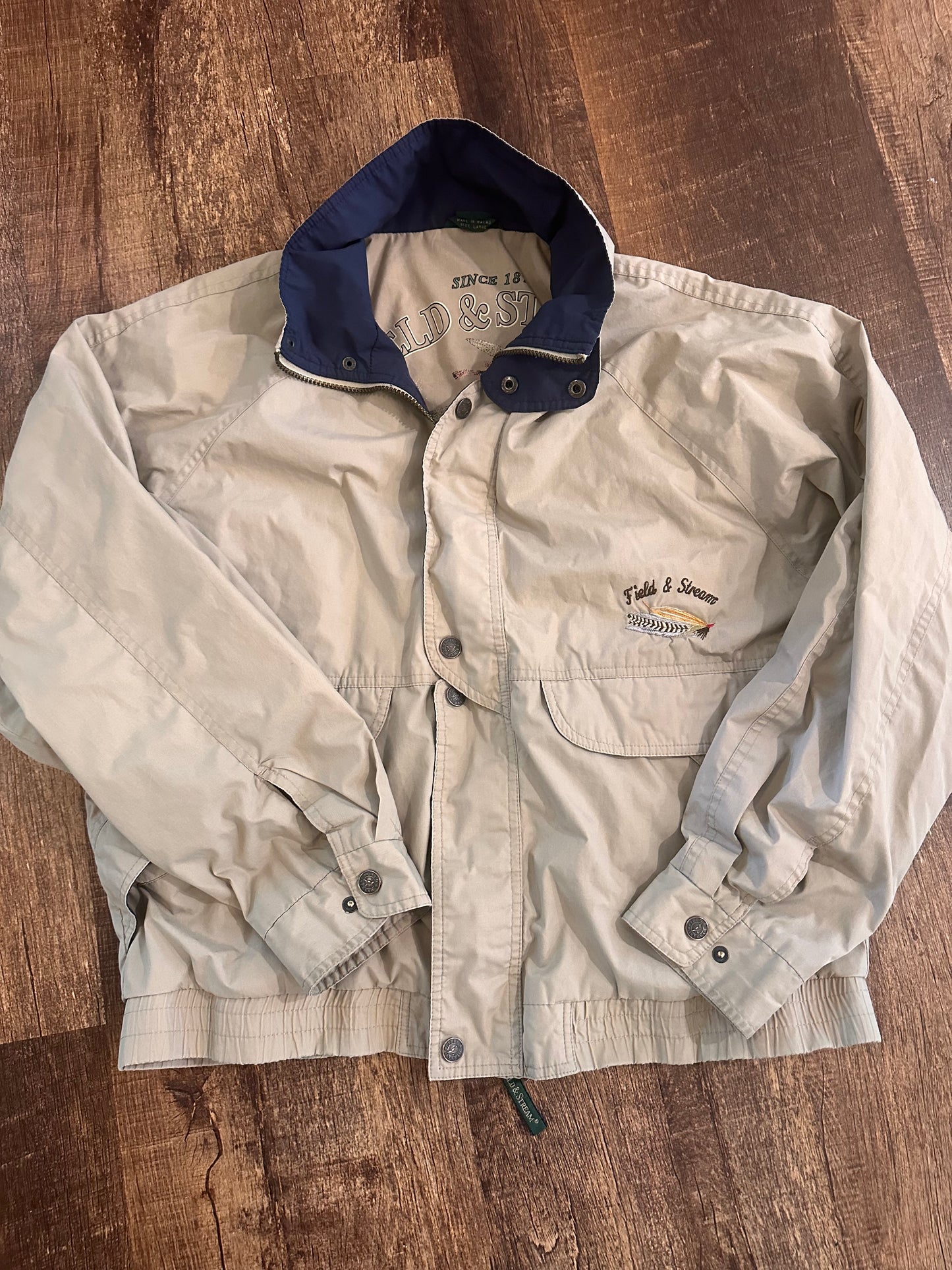 Vintage Field & Stream Windbreaker (L) Fine Tackle Graphic Inside - Gray