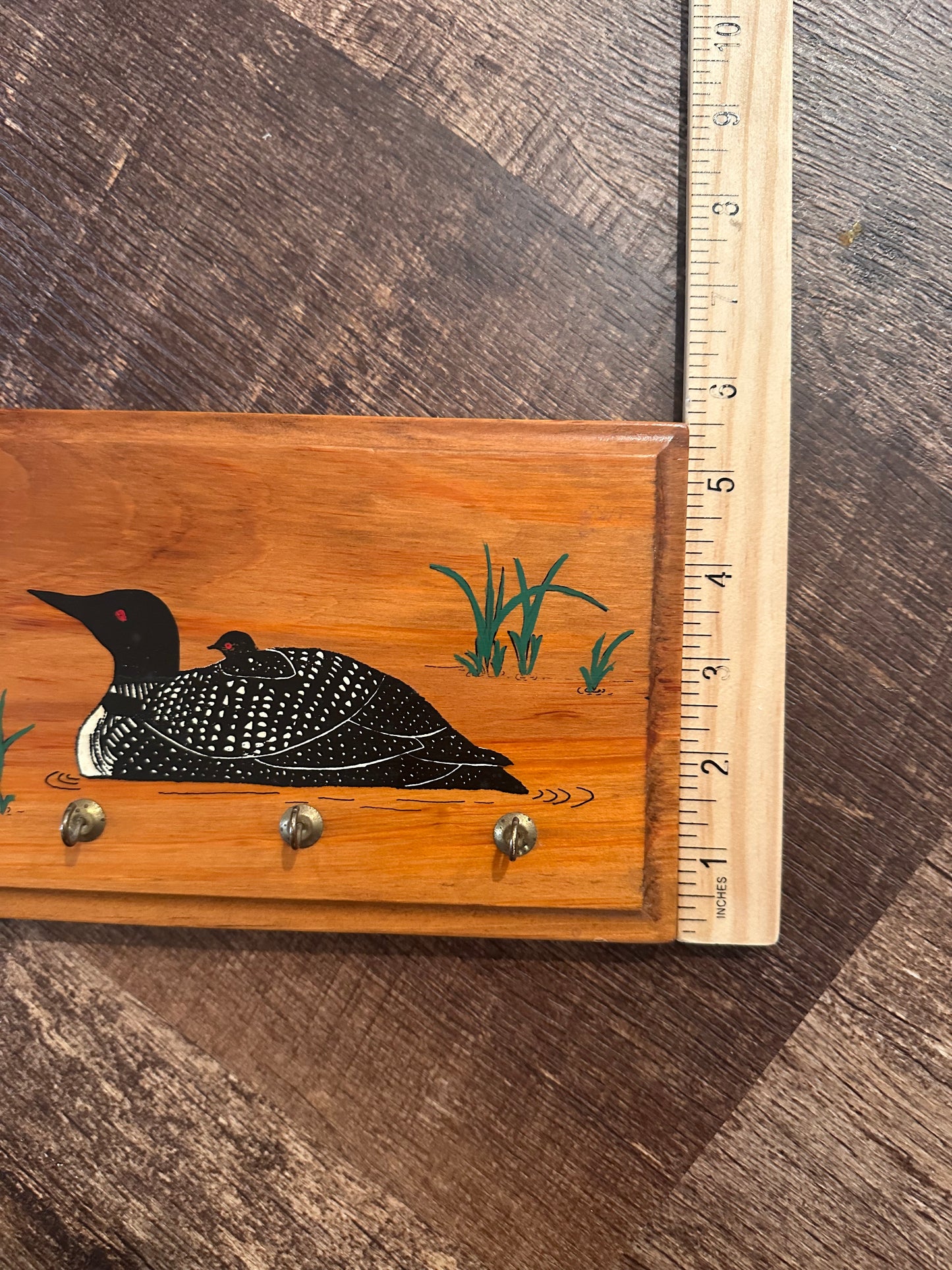 Vintage Painted Loon Wooden Key Holder Plaque 8”x5.5”