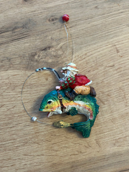 Santa Riding Large Trout Ornament