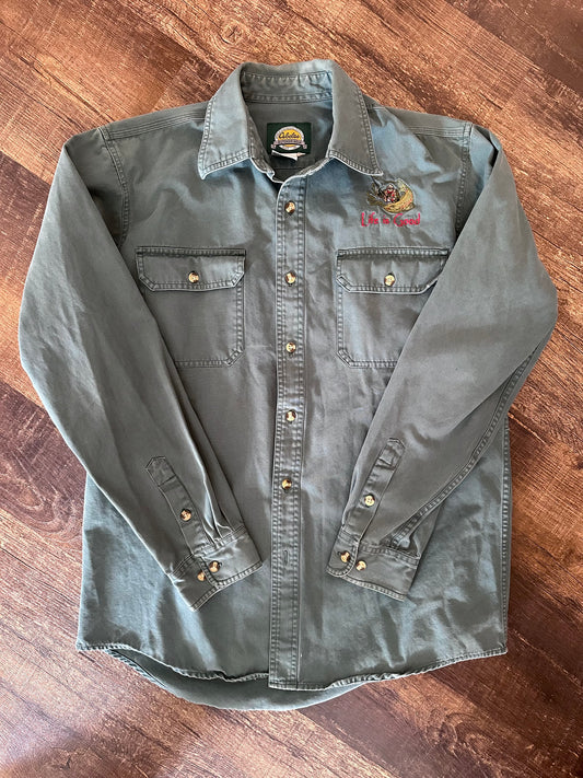 Vintage Cabelas Button Up (L) “Life is Good” Trout Fisherman - Green