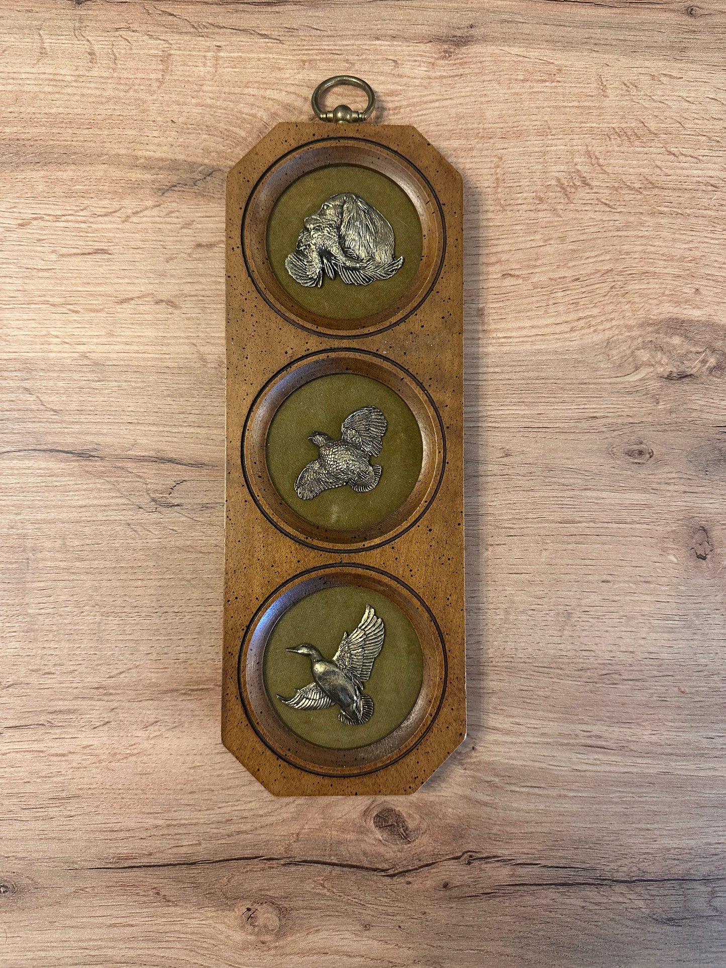 Vintage Wooden and Brass Wall Plaque Bird Hunting