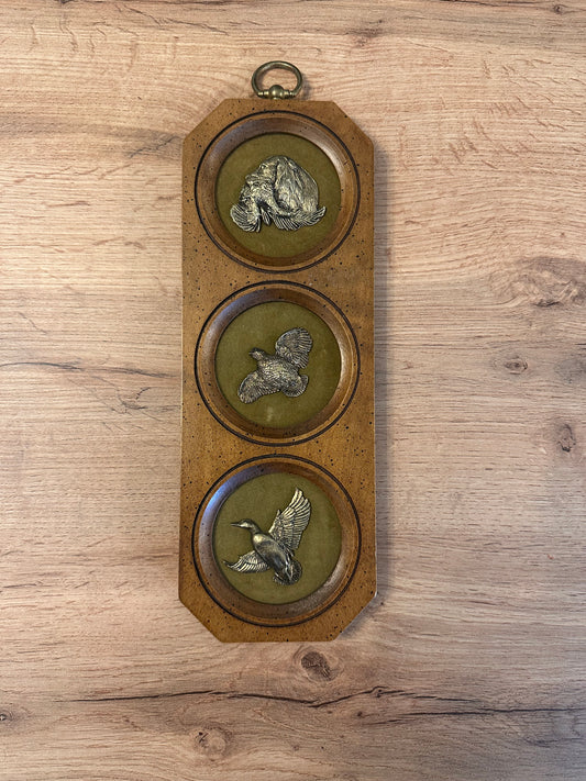 Vintage Wooden and Brass Wall Plaque Bird Hunting